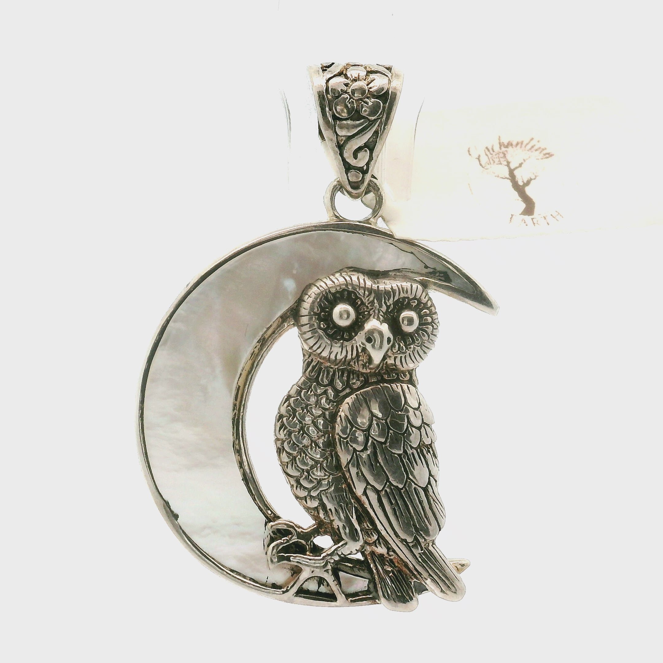 Mother of Pearl Owl Moon Pendant .925 Silver with Rhodium Plating for Peace and Wisdom