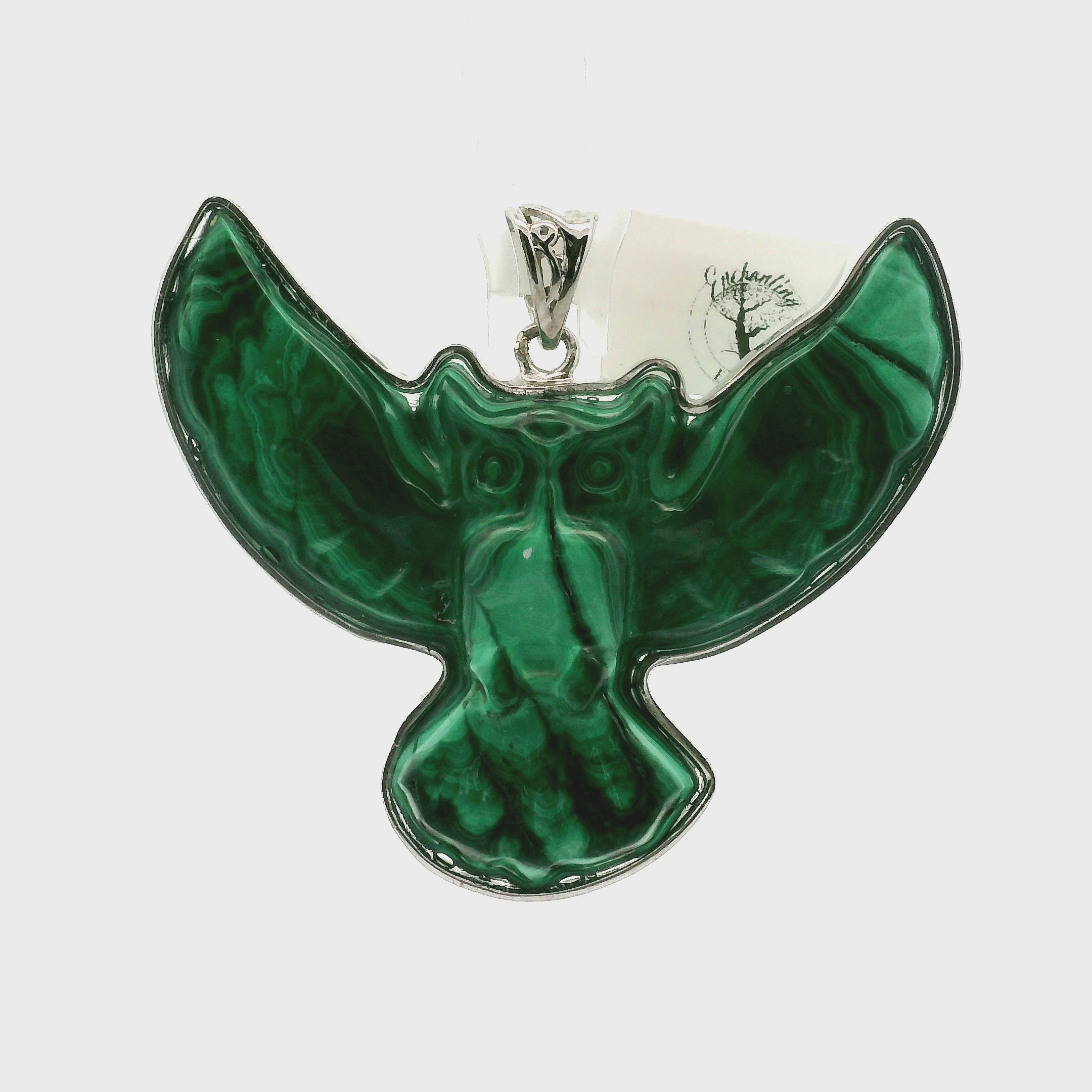 Malachite Carved Owl Pendant .925 Silver for Heightened Intuition, Deep Wisdom and Transformation