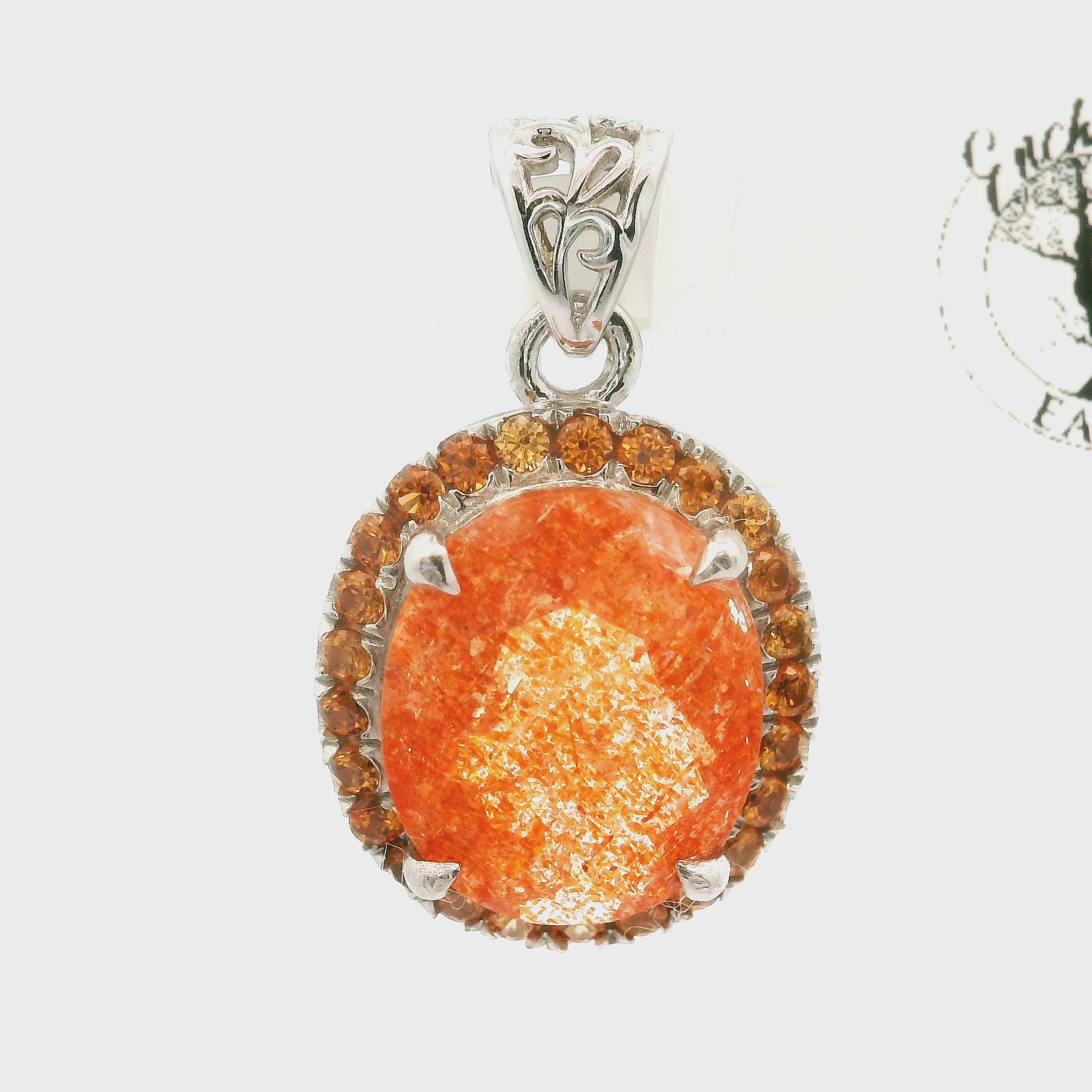 Sunstone and Spessartine Garnet Pavé Pendant .925 Silver for Manifesting Wealth and Abundance
