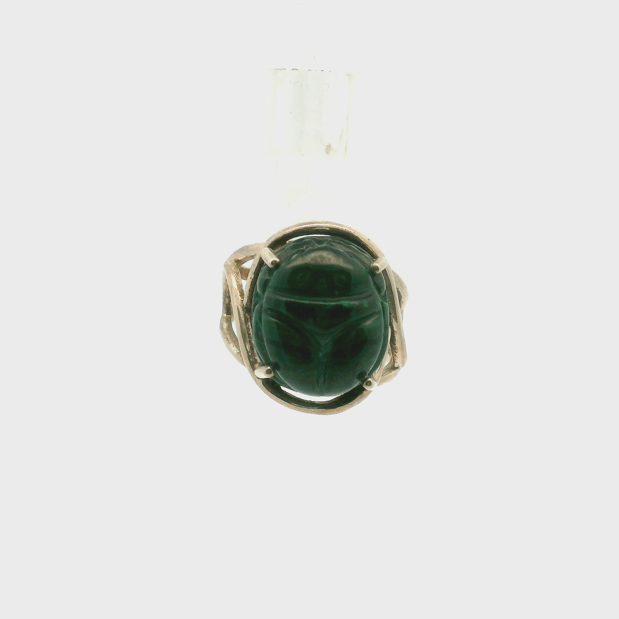 Malachite Scarab Finger Cuff Adjustable Ring .925 Sterling Silver for Transformation, Power and Wealth