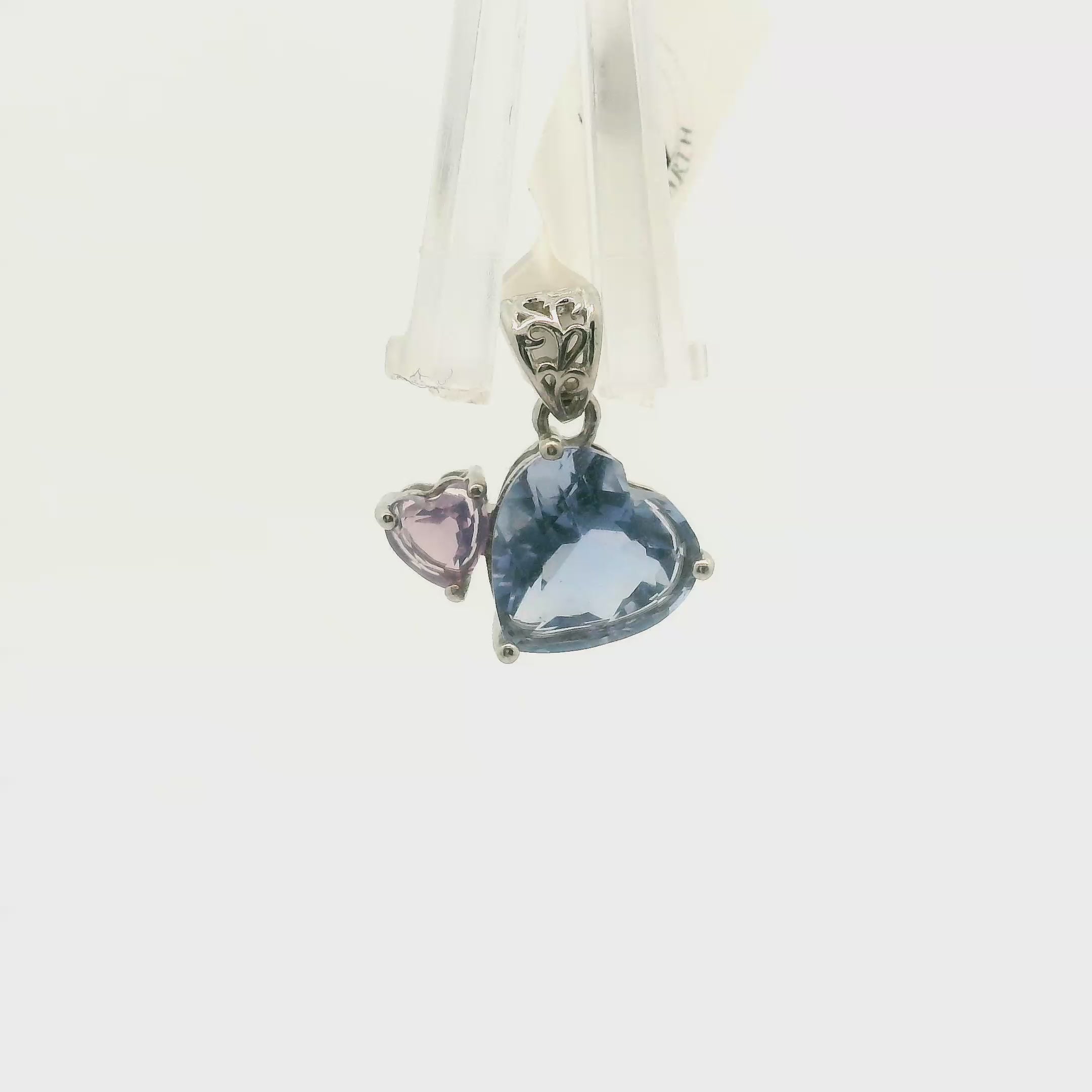 Blue Fluorite and Lavender Moon Quartz Double Heart Pendant .925 Silver for Clarity and Focus