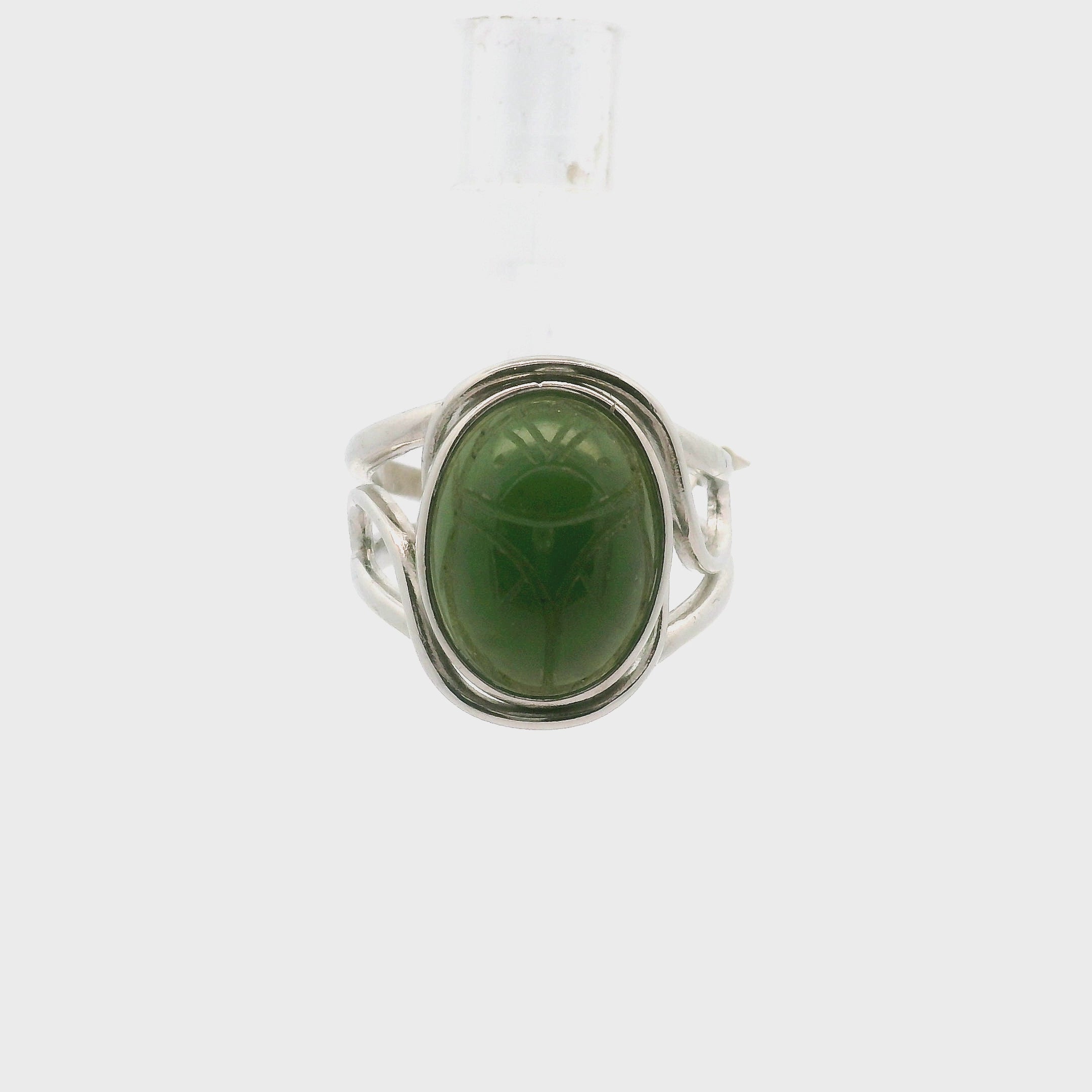 Jade Scarab Adjustable Cuff Ring .925 Silver for Abundance, Good Luck, Joy and Protection