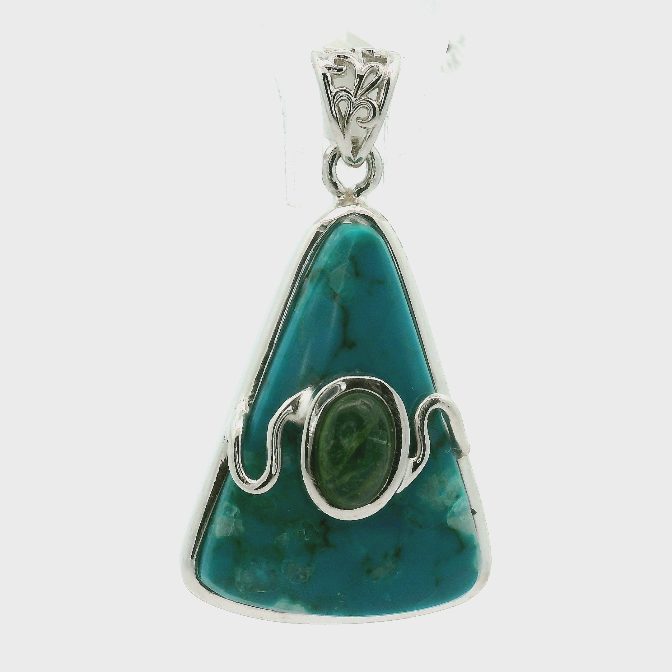 Chrysocolla with Light Green Tourmaline Pendant .925 Silver for Empowerment, Peace and Universal Wisdom, Enhancing Intuition