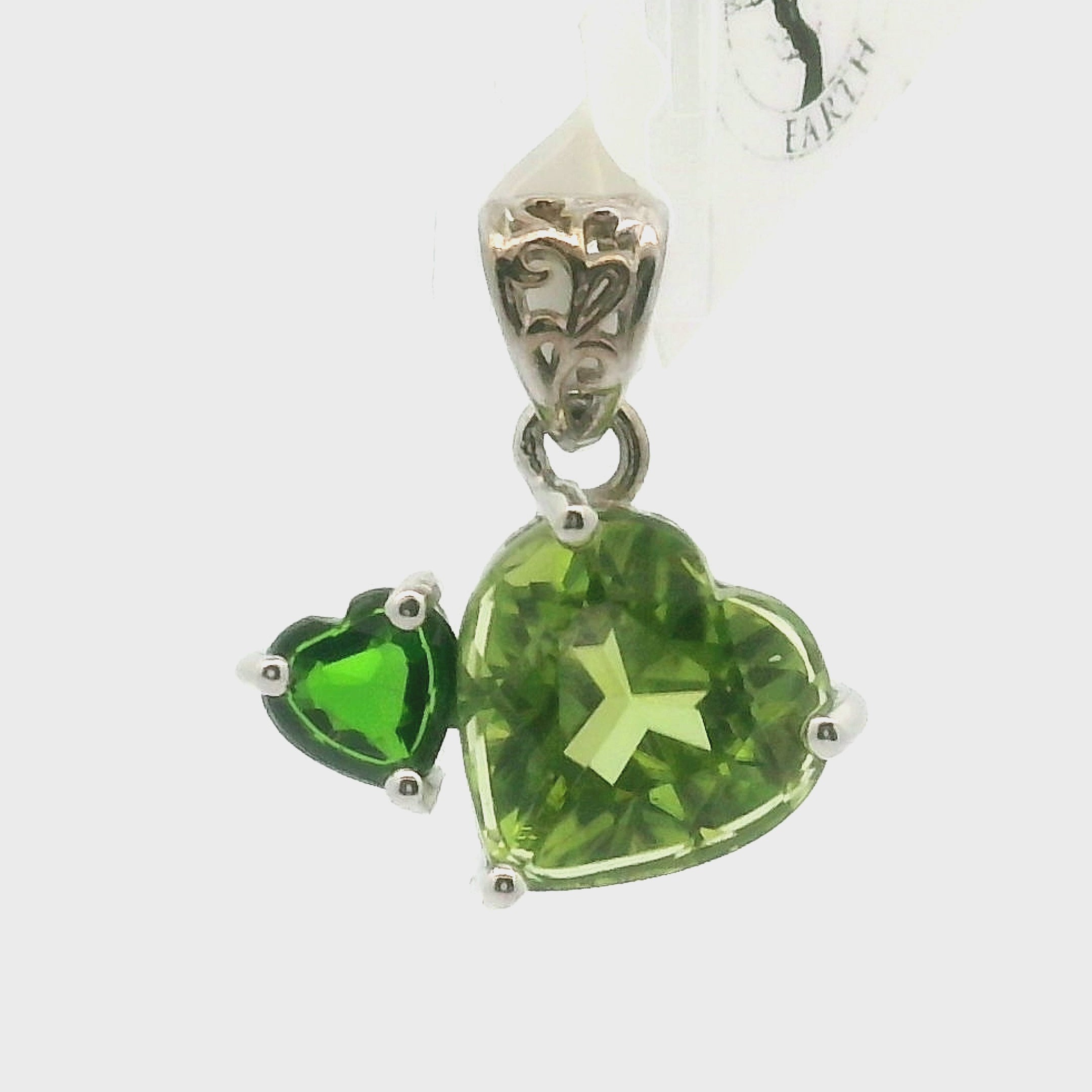 Peridot and Chrome Diopside Double Heart Pendant .925 Silver for Health, Balance and Strength