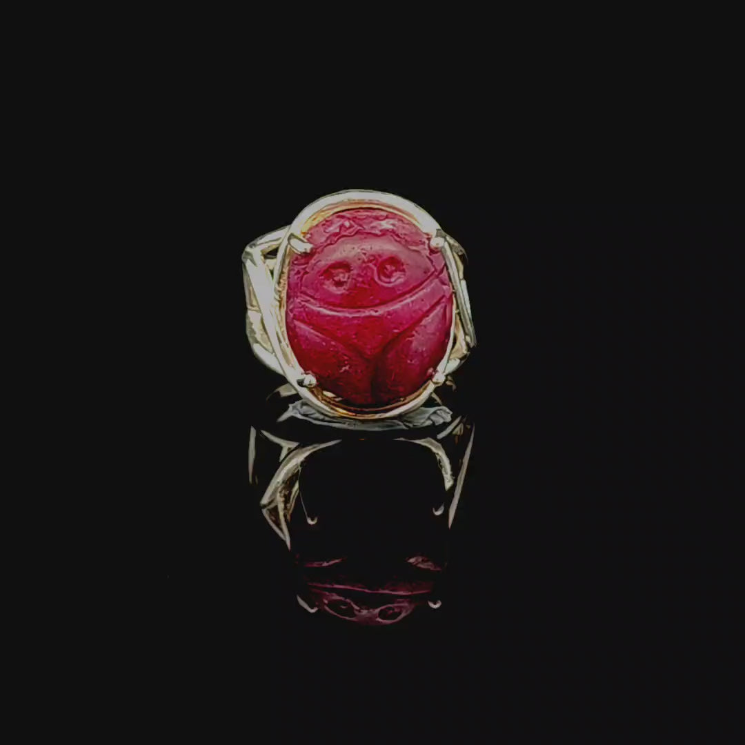 Ruby Scarab Finger Cuff Adjustable Ring .925 Sterling Silver for Passion, Personal Power and Energy