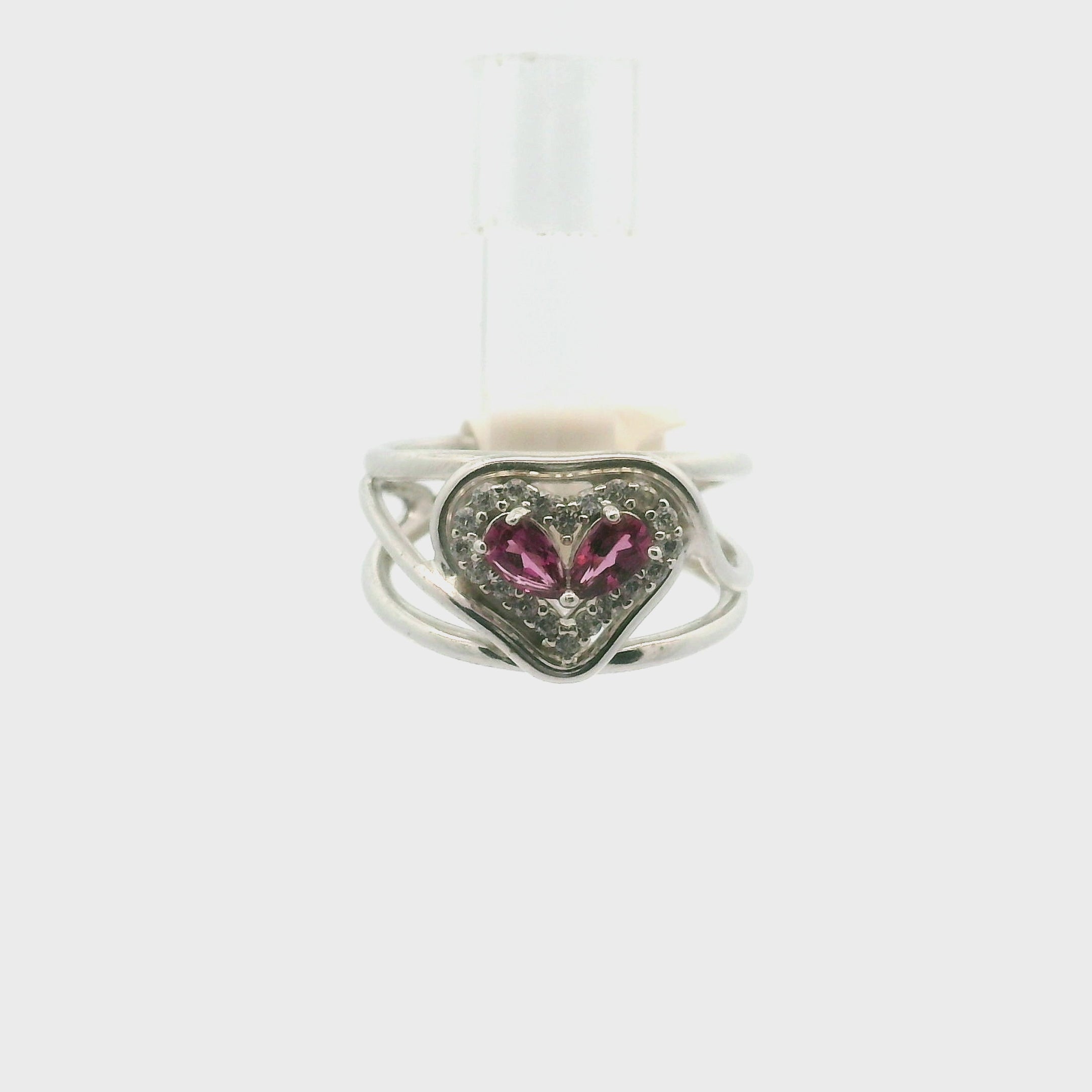 Pink Tourmaline & White Topaz Heart Cuff Ring .925 Silver for Joy, Kindness and Love