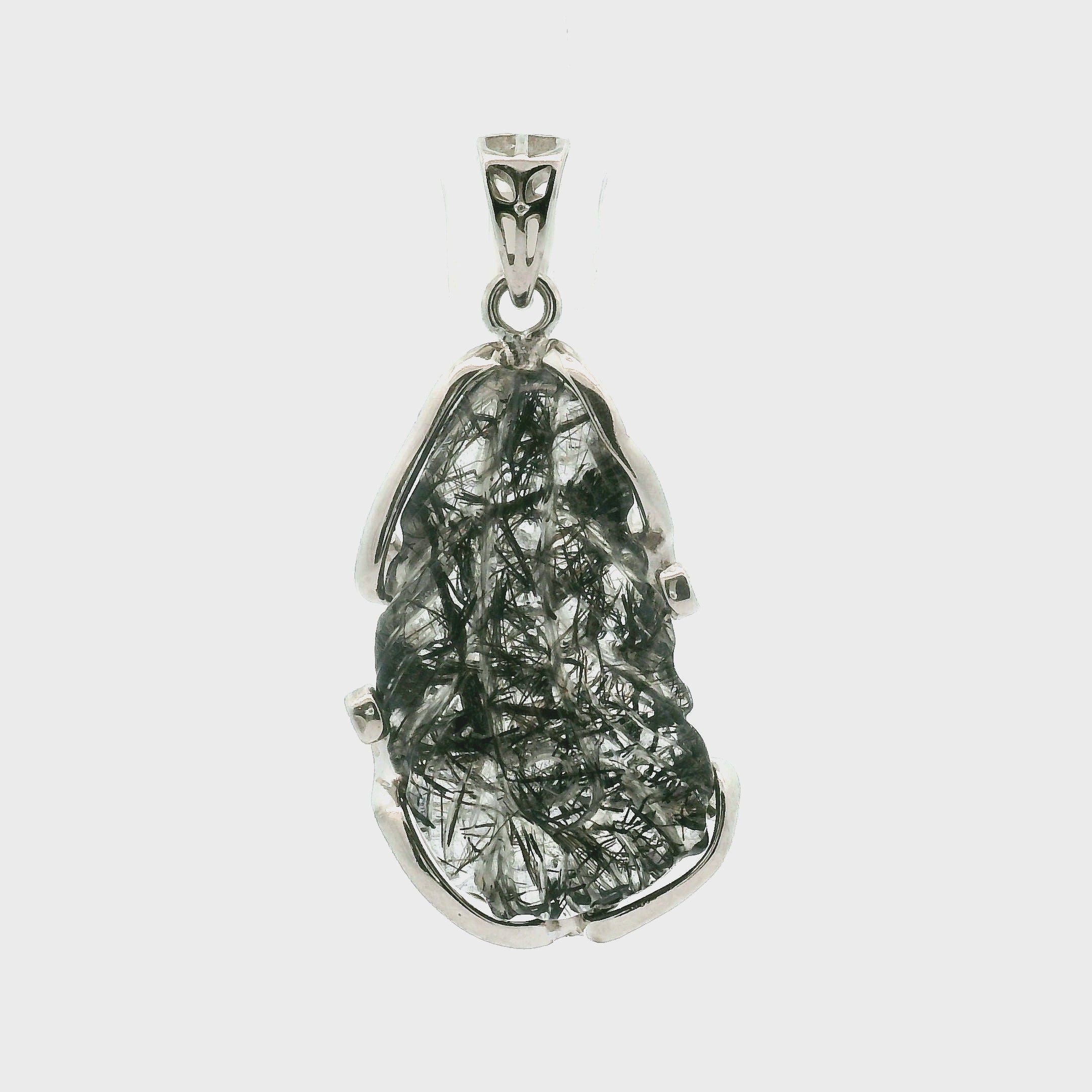 Black Tourmaline in Quartz Feather Pendant .925 Sterling Silver for Powerful Protection and Aura Cleansing