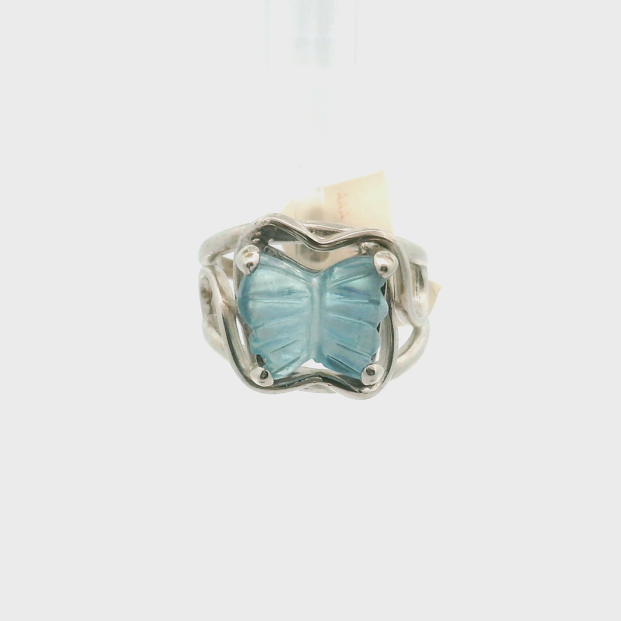 Aquamarine Butterfly Finger Cuff Adjustable Ring .925 Silver for Peaceful Travels and Protection