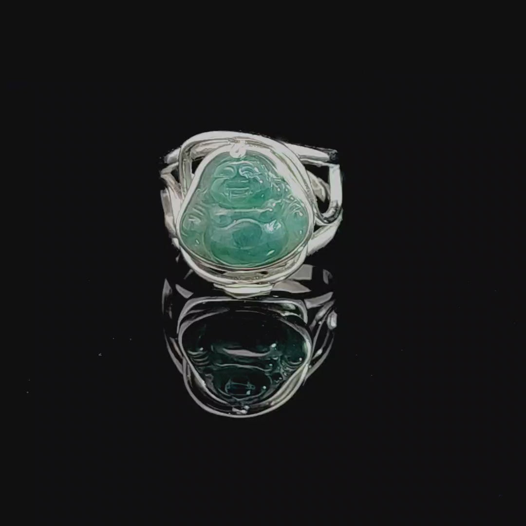Guatemalan Blue Jadeite Buddha Finger Cuff Adjustable Ring .925 Silver for Peace, Protection and Spiritual Awareness