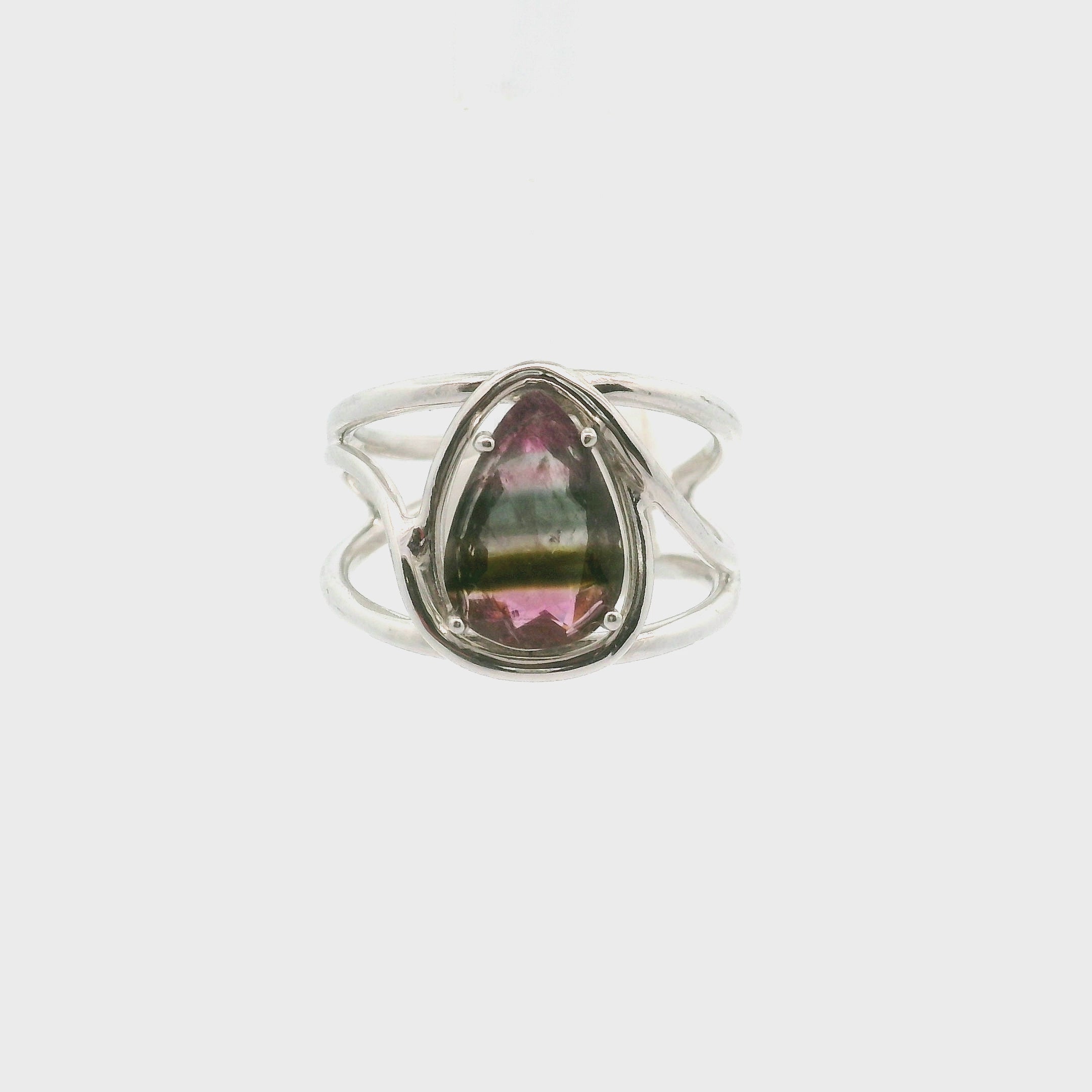 Phantom Watermelon Teardrop Tourmaline Cuff Ring .925 Silver for Profound Compassion and Self-Love