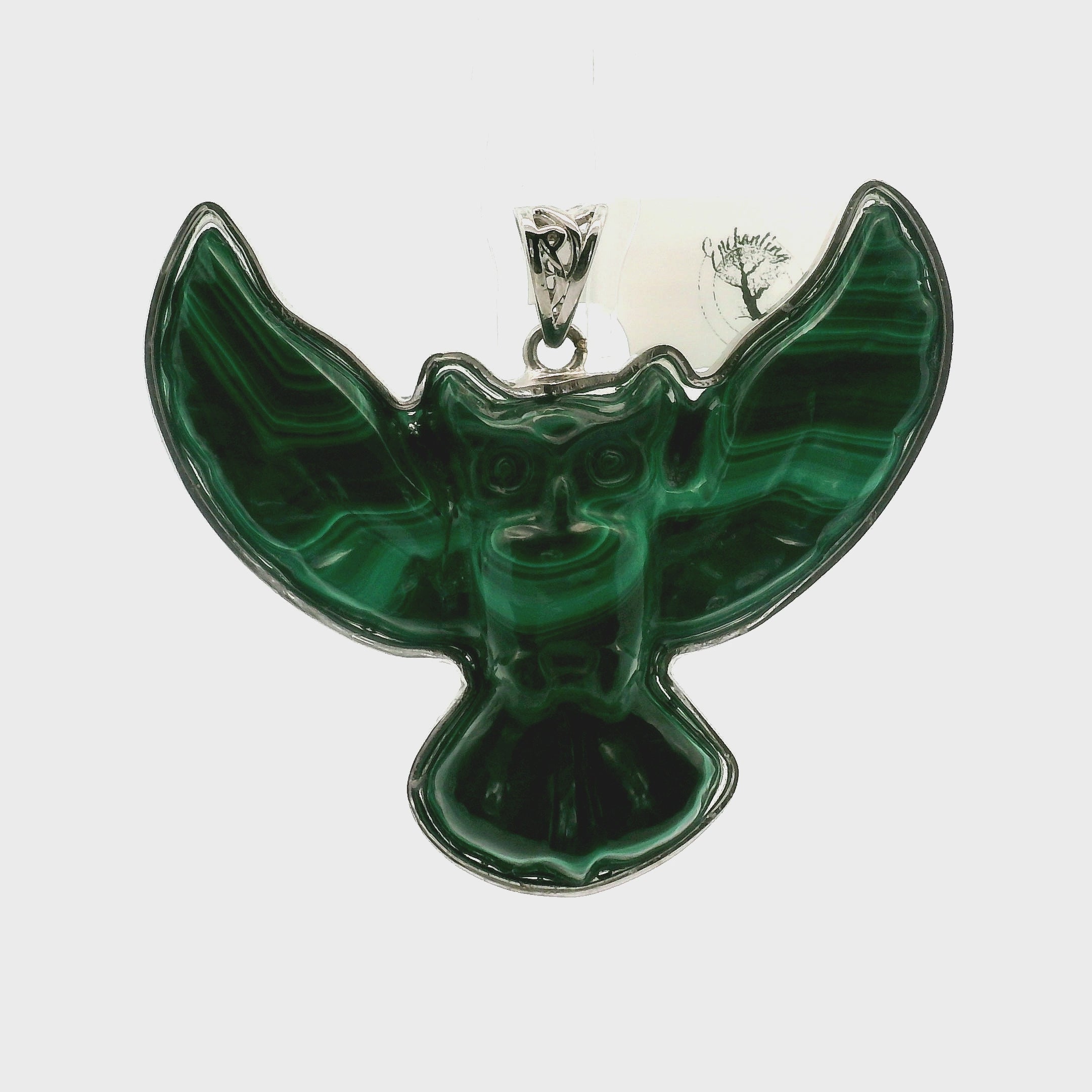 Malachite Carved Owl Pendant .925 Silver for Heightened Intuition, Deep Wisdom and Transformation