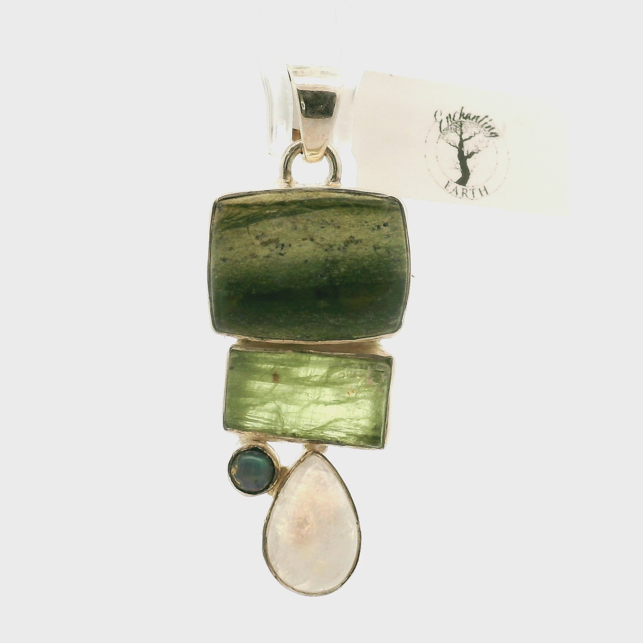 Green Opal, Black Opal, Green Kyanite and Moonstone Pendant .925 Silver for Encouraging Surrender to the Divine Will