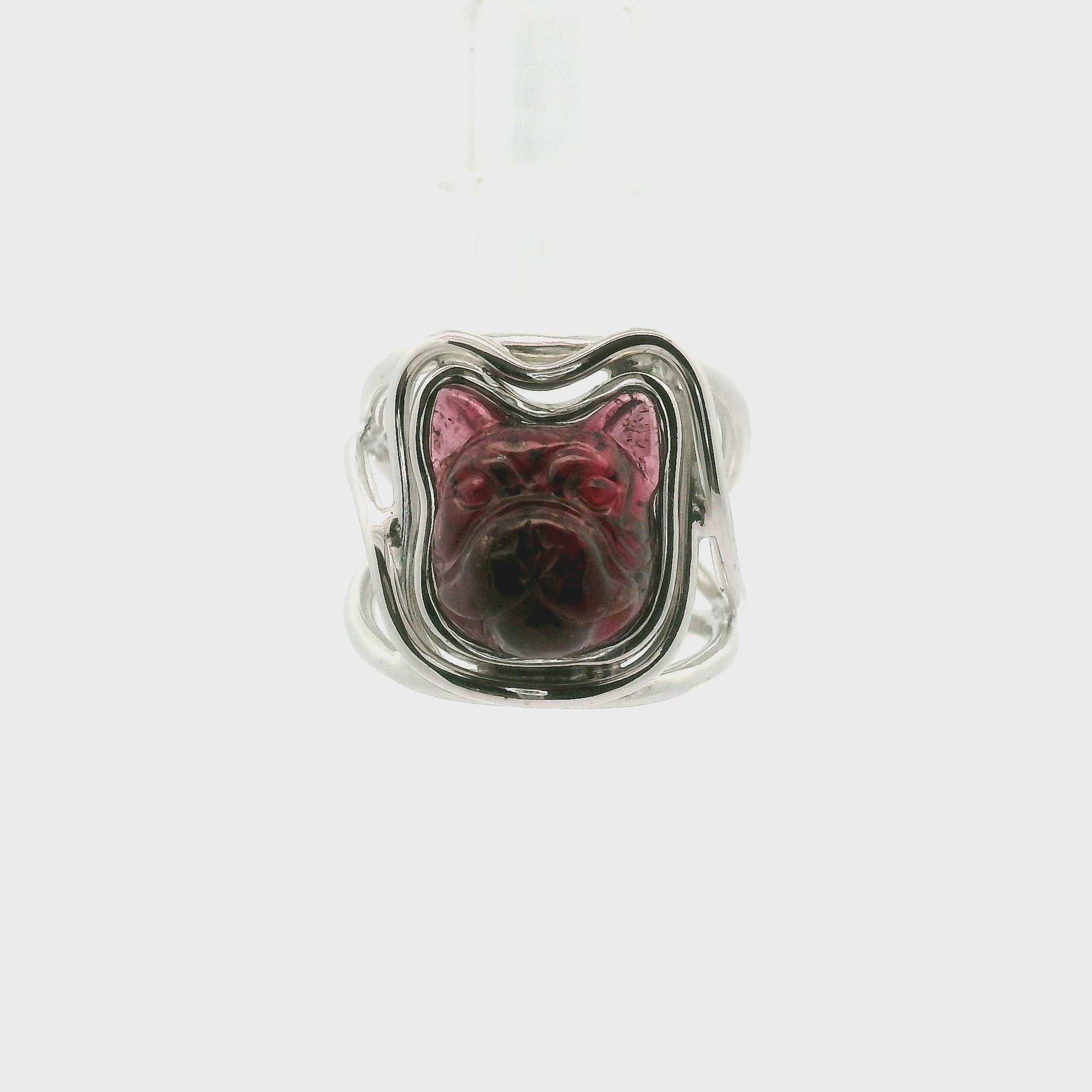 Garnet Carved Frenchie Cuff Ring .925 Silver for Adaptability and Unwavering Loyalty