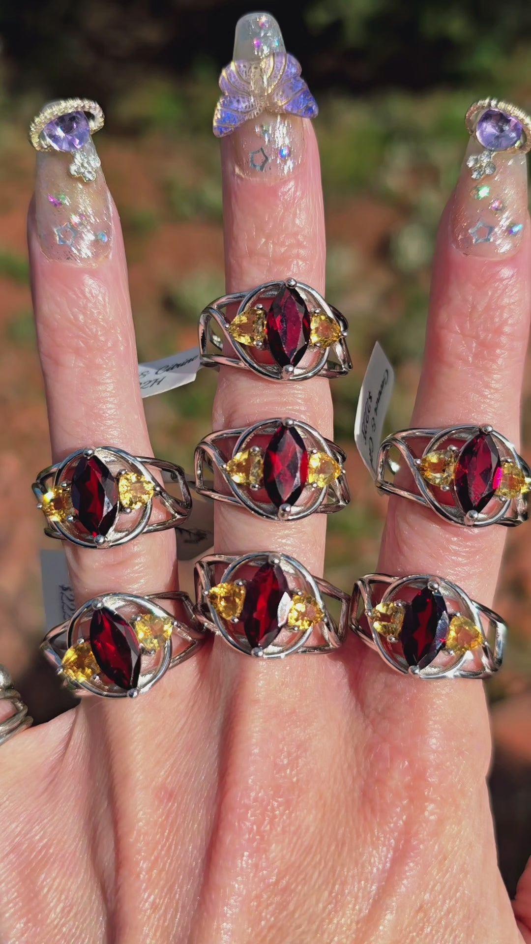 Garnet & Citrine Marquis Cuff Ring .925 Silver for Health, Manifesting and Good Luck