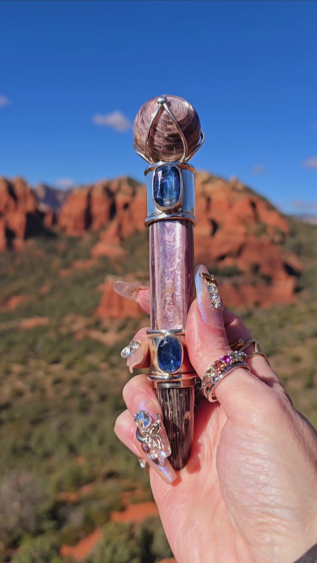 One of a Kind Collector Wand ~ Lepidolite with Blue Kyanite Gemstones for Clearing Energy and Divine Connection