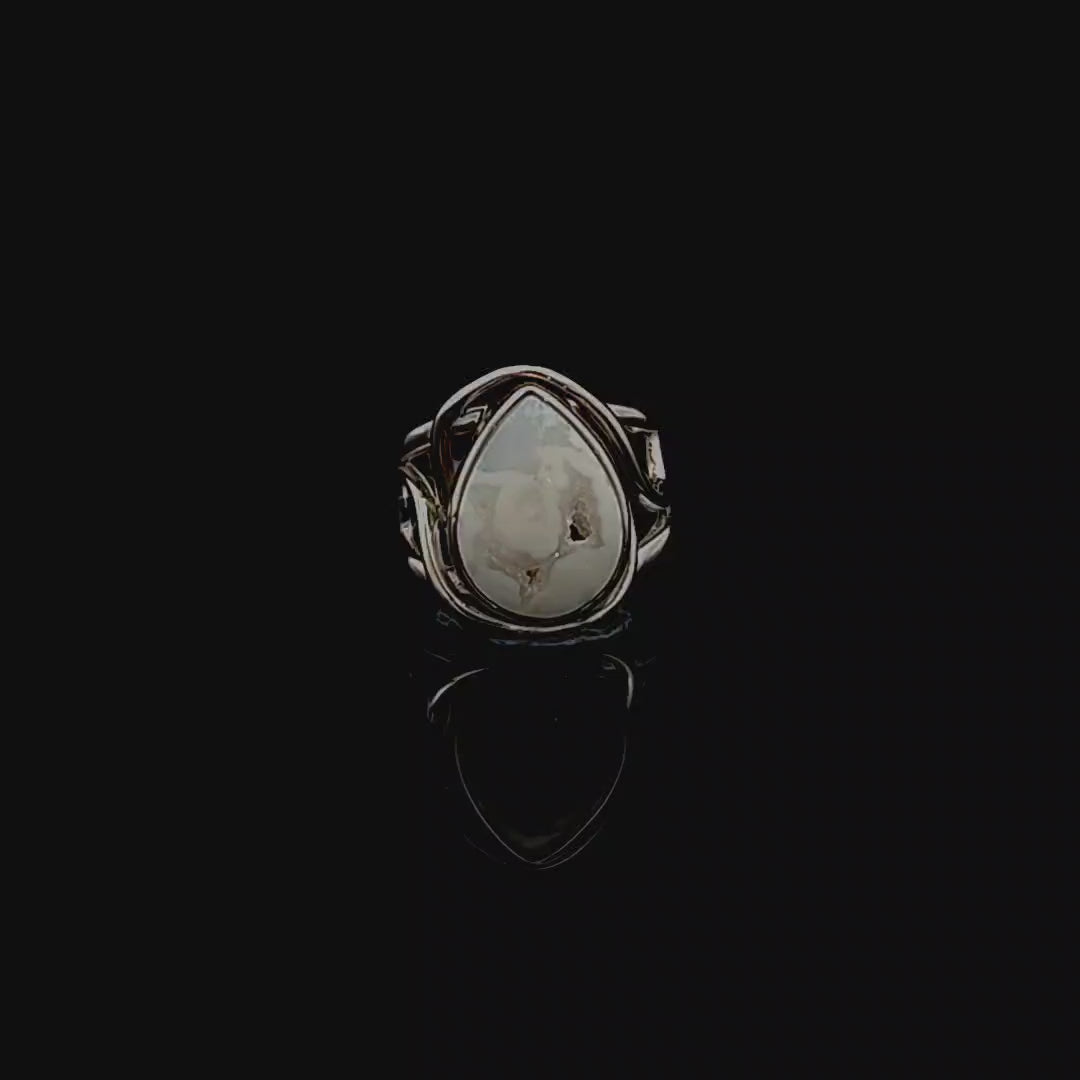 Druzy White Plume Agate Finger Cuff Adjustable Ring .925 Silver for Peace and Soothing Stress