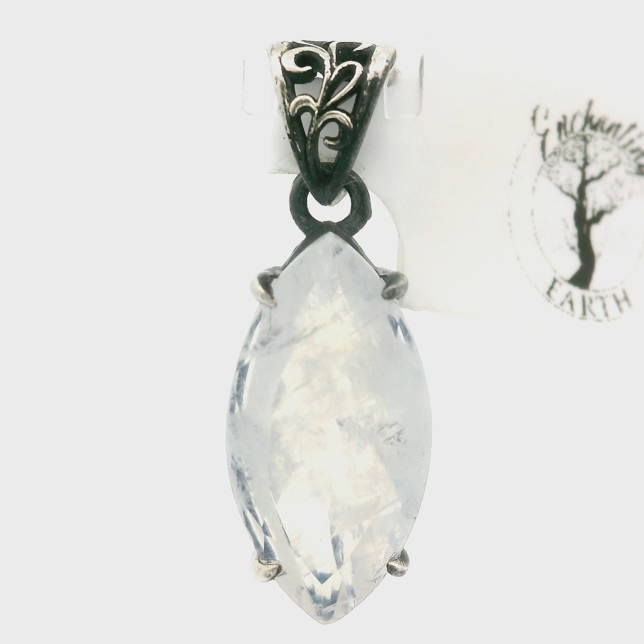 Rainbow Moonstone Marquise Bad Witch Pendant .925 Silver for Protection, Manifestation and Divine Feminine Energy
