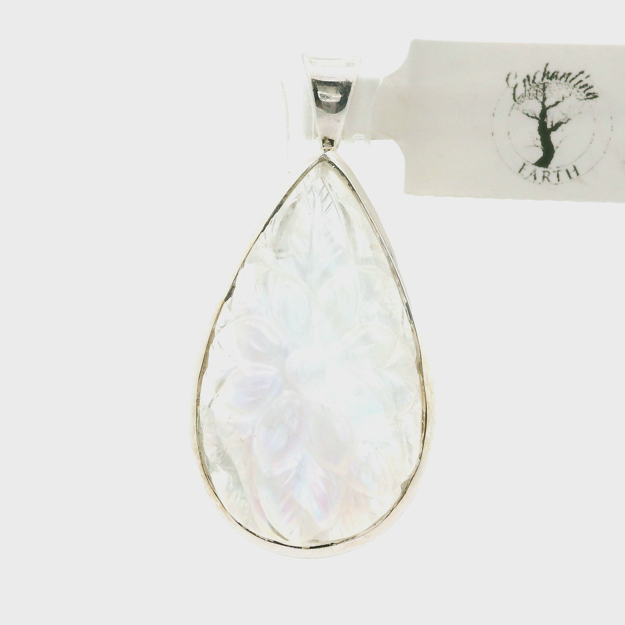 Rainbow Moonstone Carved Flower Drop Pendant .925 Silver for Intuition and Energetic Purification