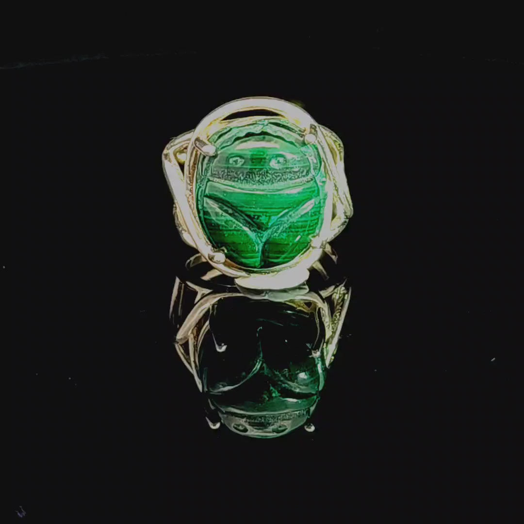Malachite Scarab Finger Cuff Adjustable Ring .925 Sterling Silver for Transformation, Power and Wealth