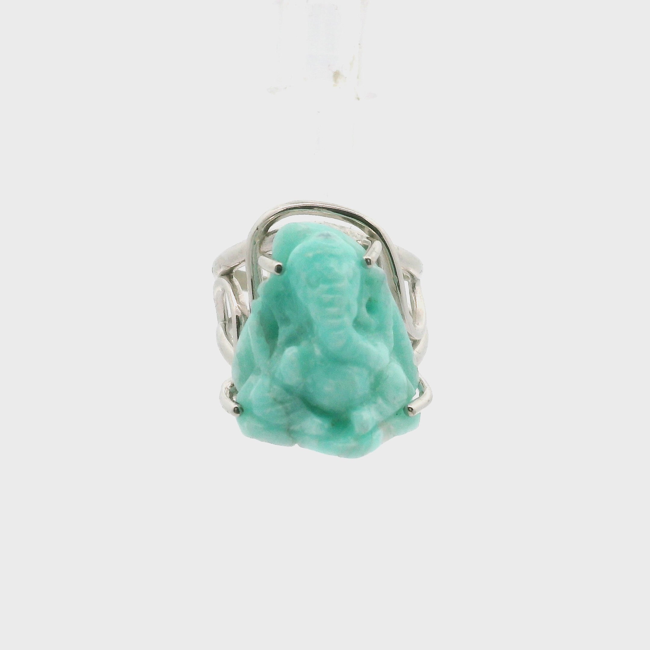 Amazonite Carved Ganesha Cuff Ring .925 Silver for Communication and Hope