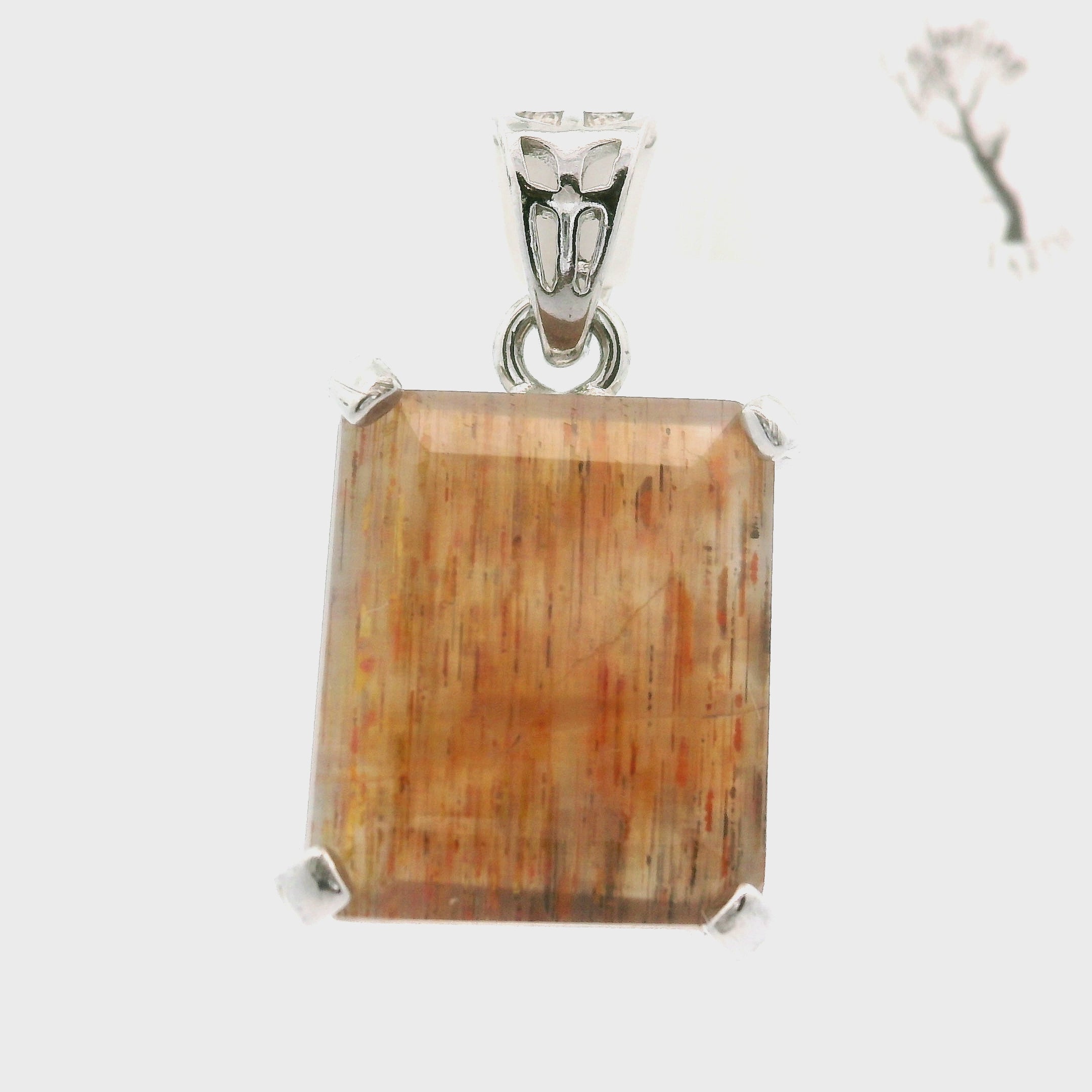 Black Moonstone with Sunstone Square Pendant .925 Silver for Confidence and Strength