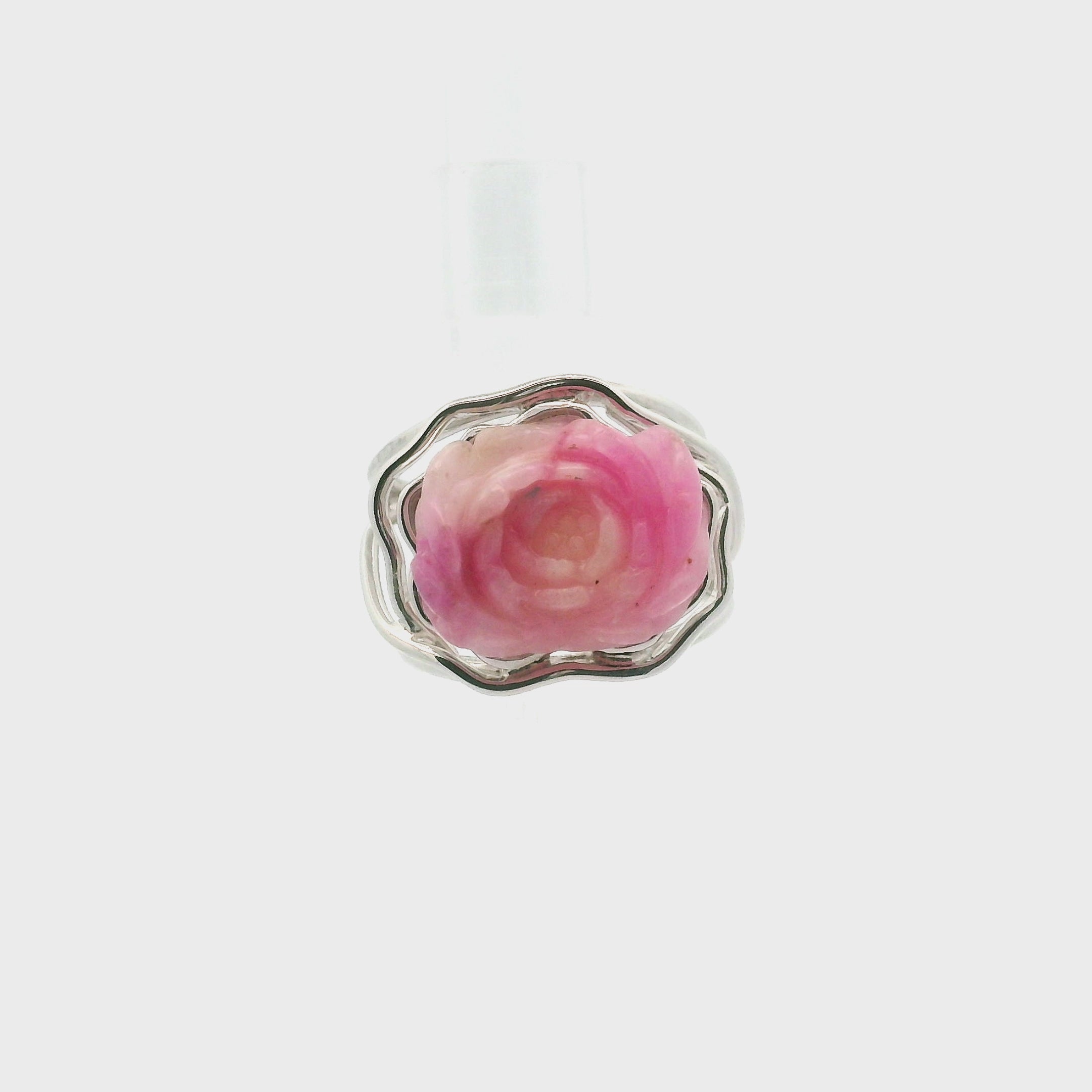 Pink Aragonite Flower Finger Cuff Adjustable Ring .925 Sterling Silver for Attracting Love, Harmonizing Relationships and Knowing your Worth