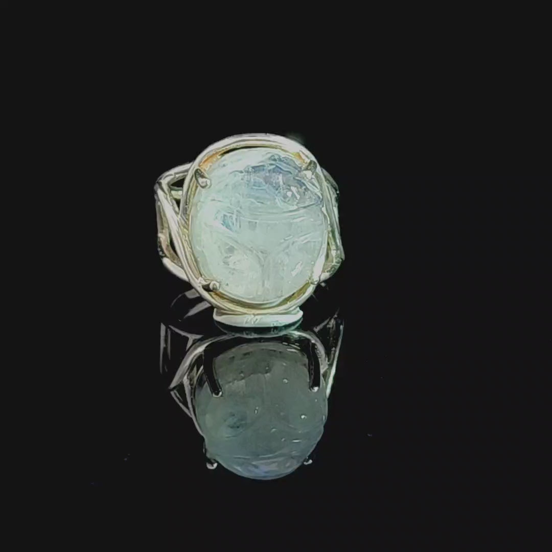 Rainbow Moonstone Scarab Finger Cuff Adjustable Ring .925 Sterling Silver for New Beginnings, Protection and Manifestation