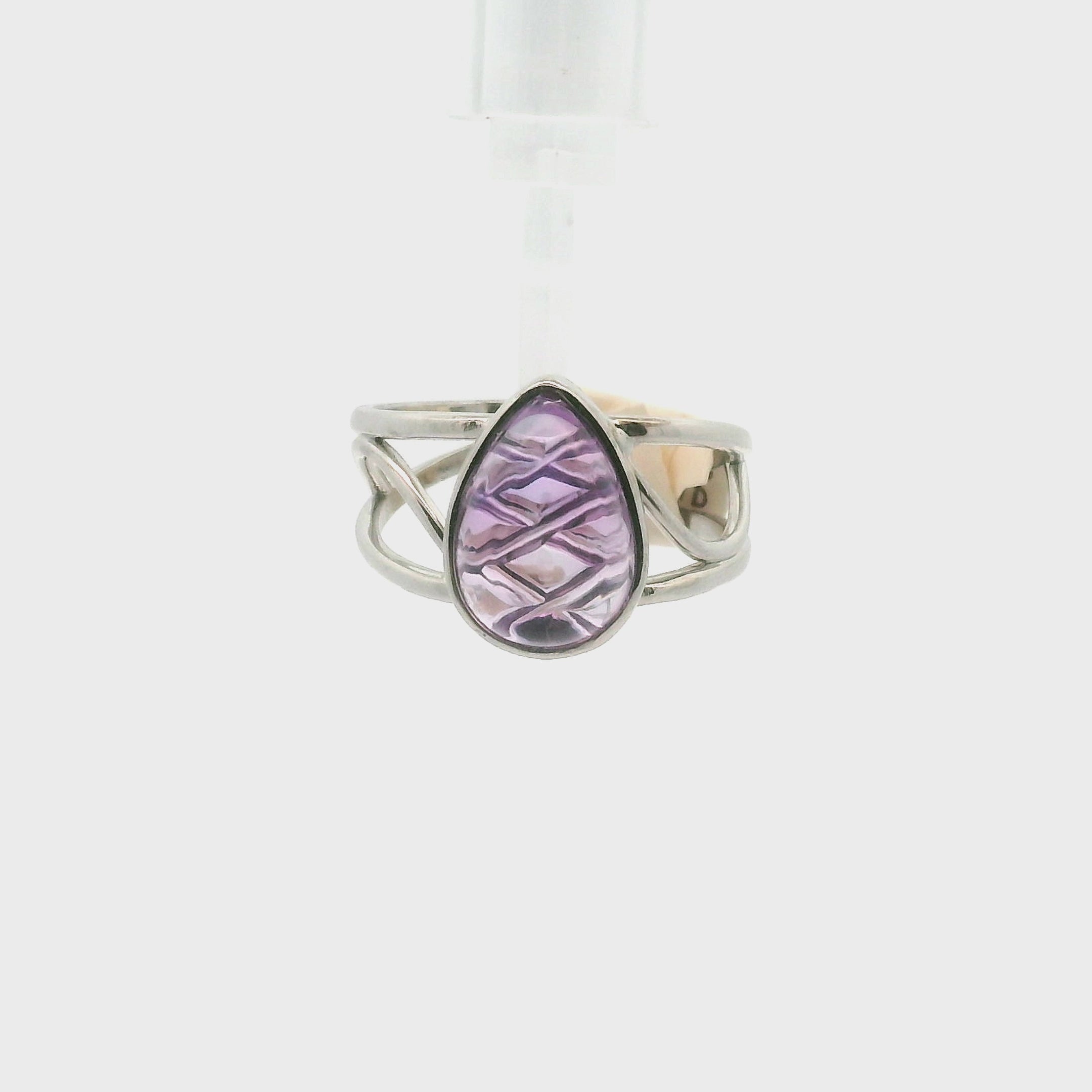 Carved Amethyst Cuff Ring .925 Silver for Enhancing Intuition & Connection with Divine