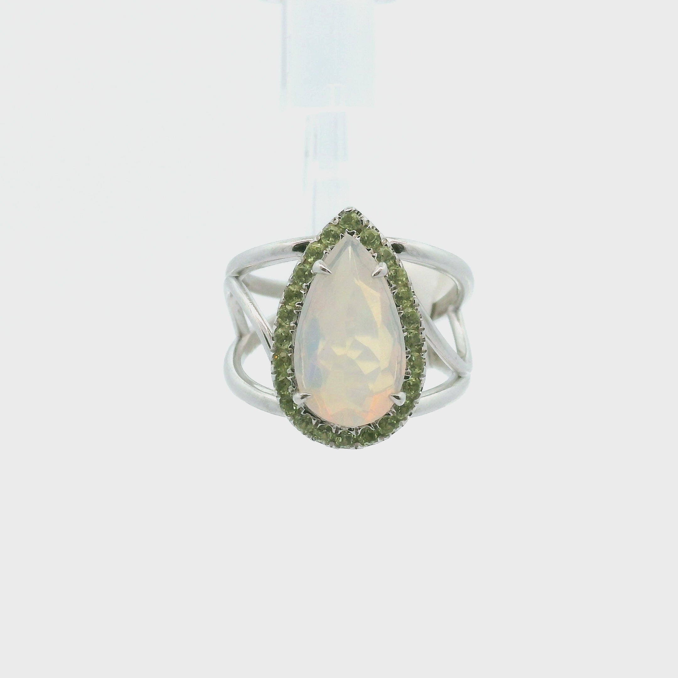 White Precious Opal with Peridot Pavé Cuff Ring .925 Silver for Transformation, Energetic Protection and a Deeper Connection with Nature