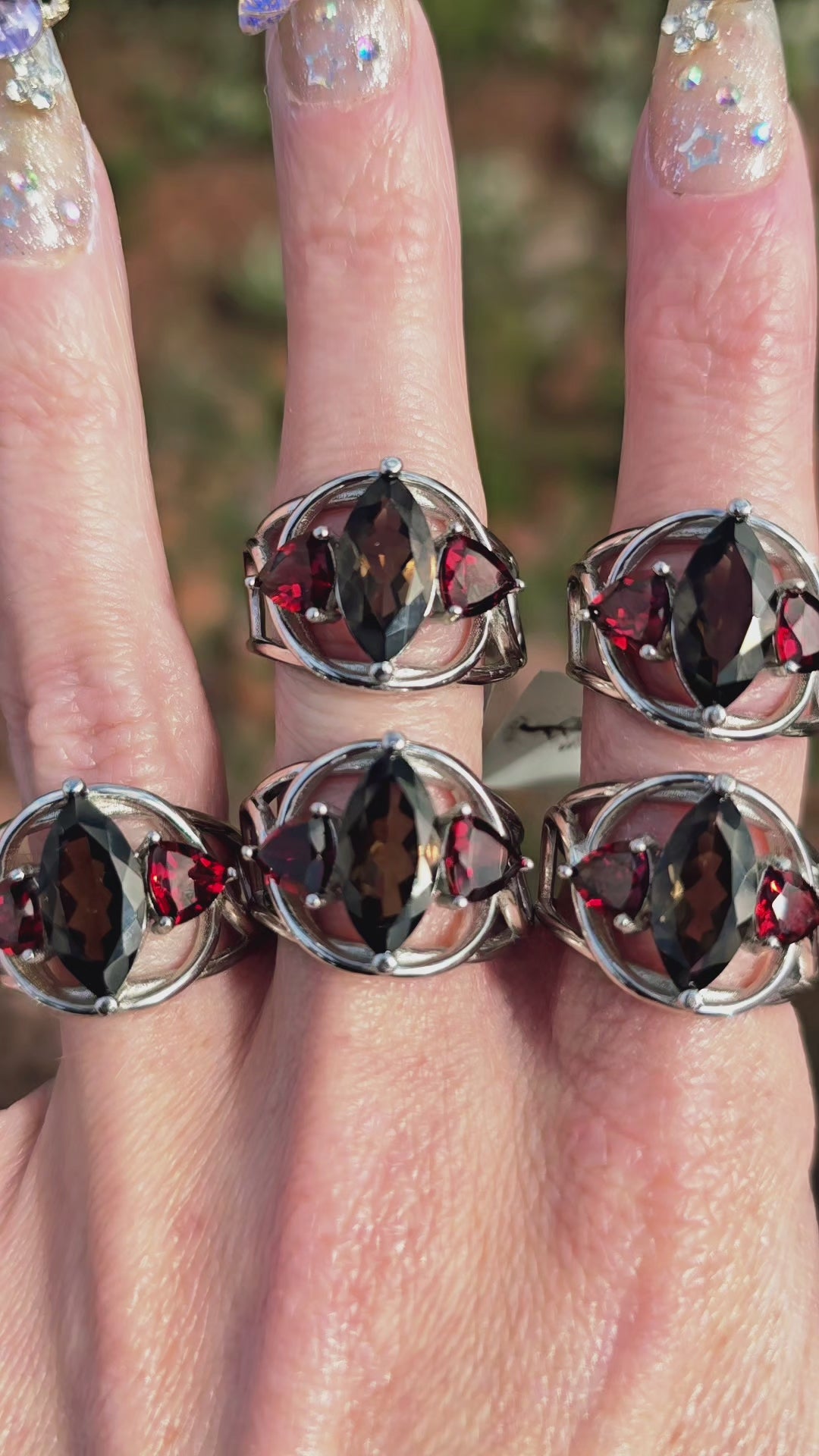 Smoky Quartz & Garnet Marquis Cuff Ring .925 Silver for Health, Manifesting and Purifying Energy