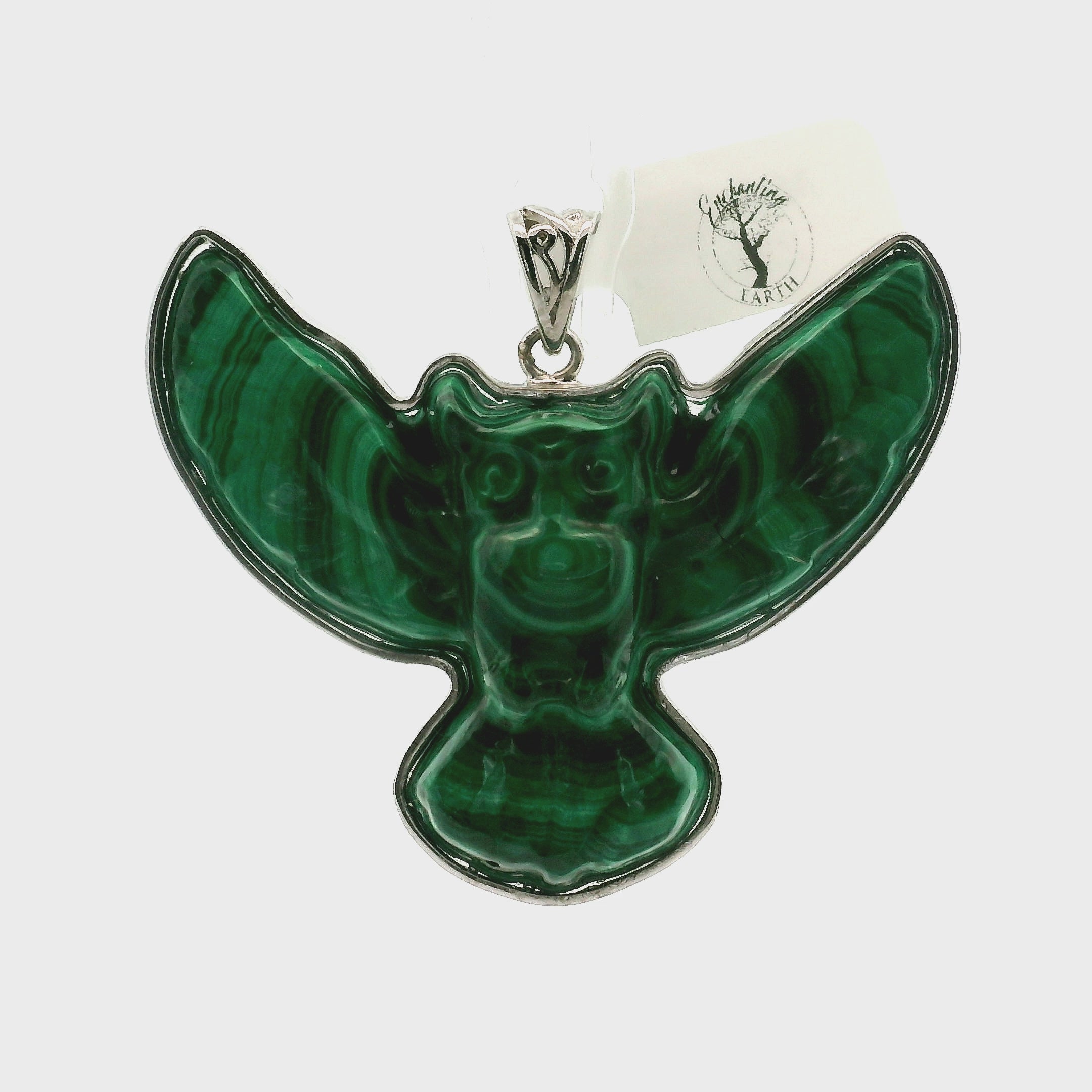 Malachite Carved Owl Pendant .925 Silver for Heightened Intuition, Deep Wisdom and Transformation