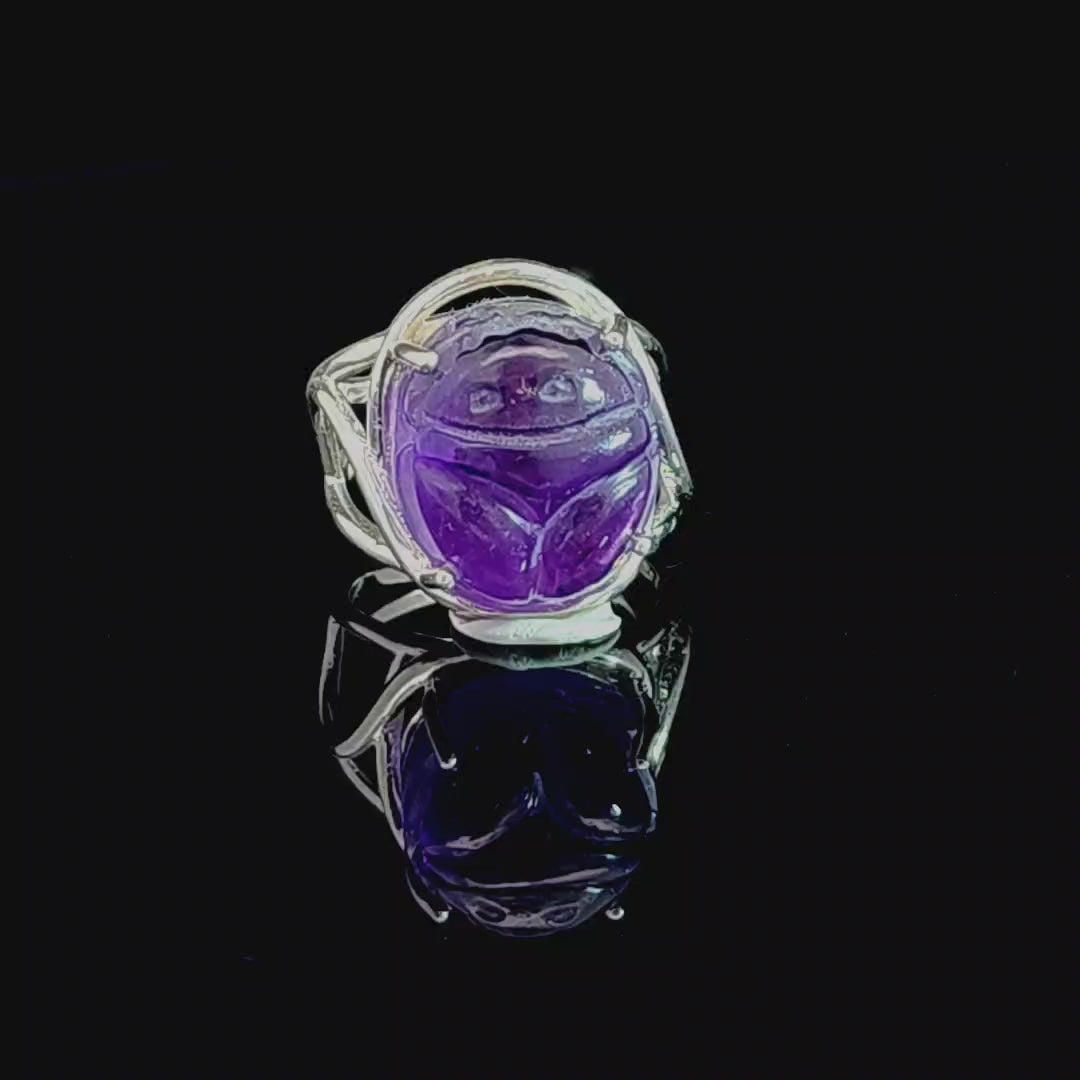 Amethyst Scarab Finger Cuff Adjustable Ring .925 Sterling Silver for Intuition, Protection and Health