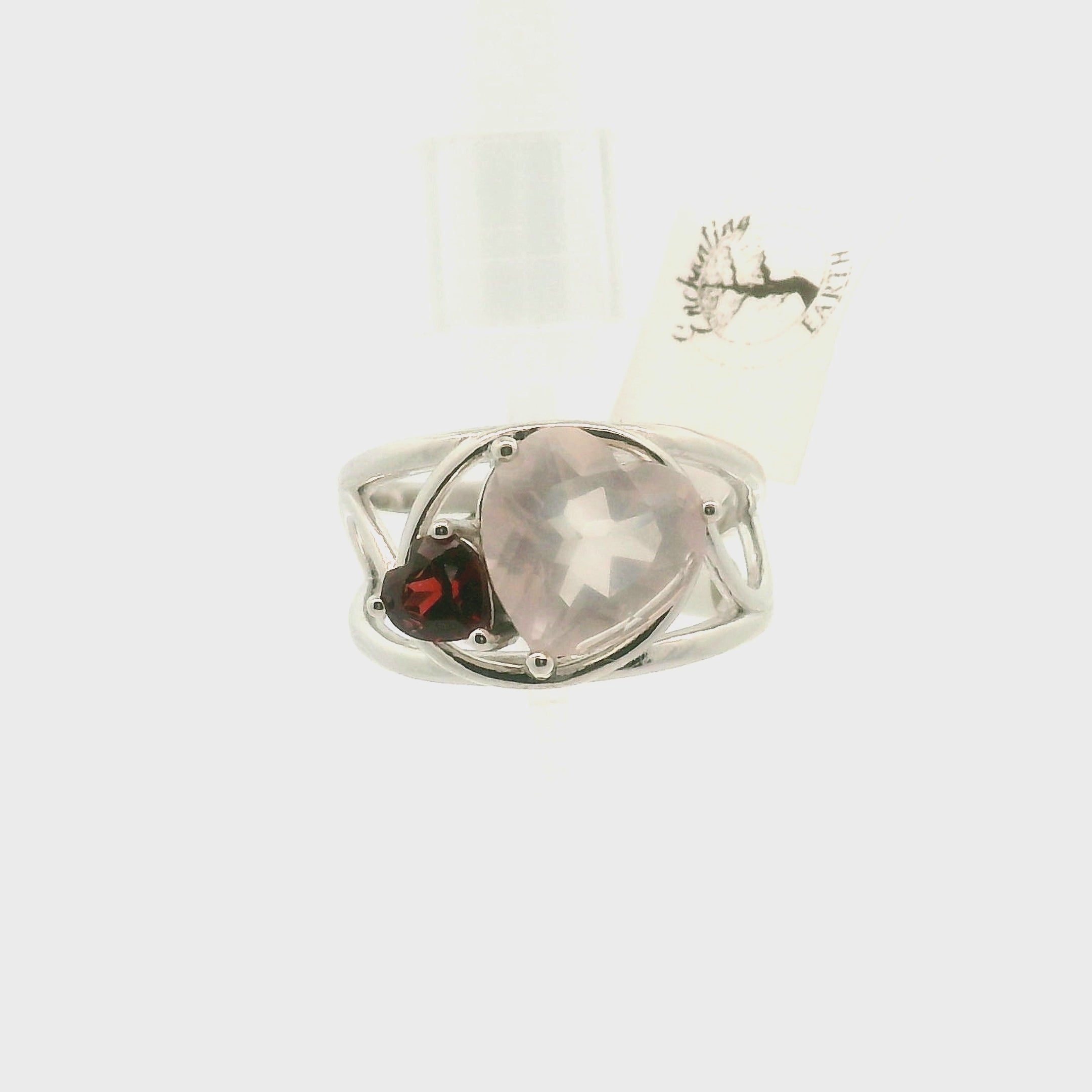 Rose Quartz and Garnet Heart Cuff Ring .925 Silver for Self-Love and Compassion