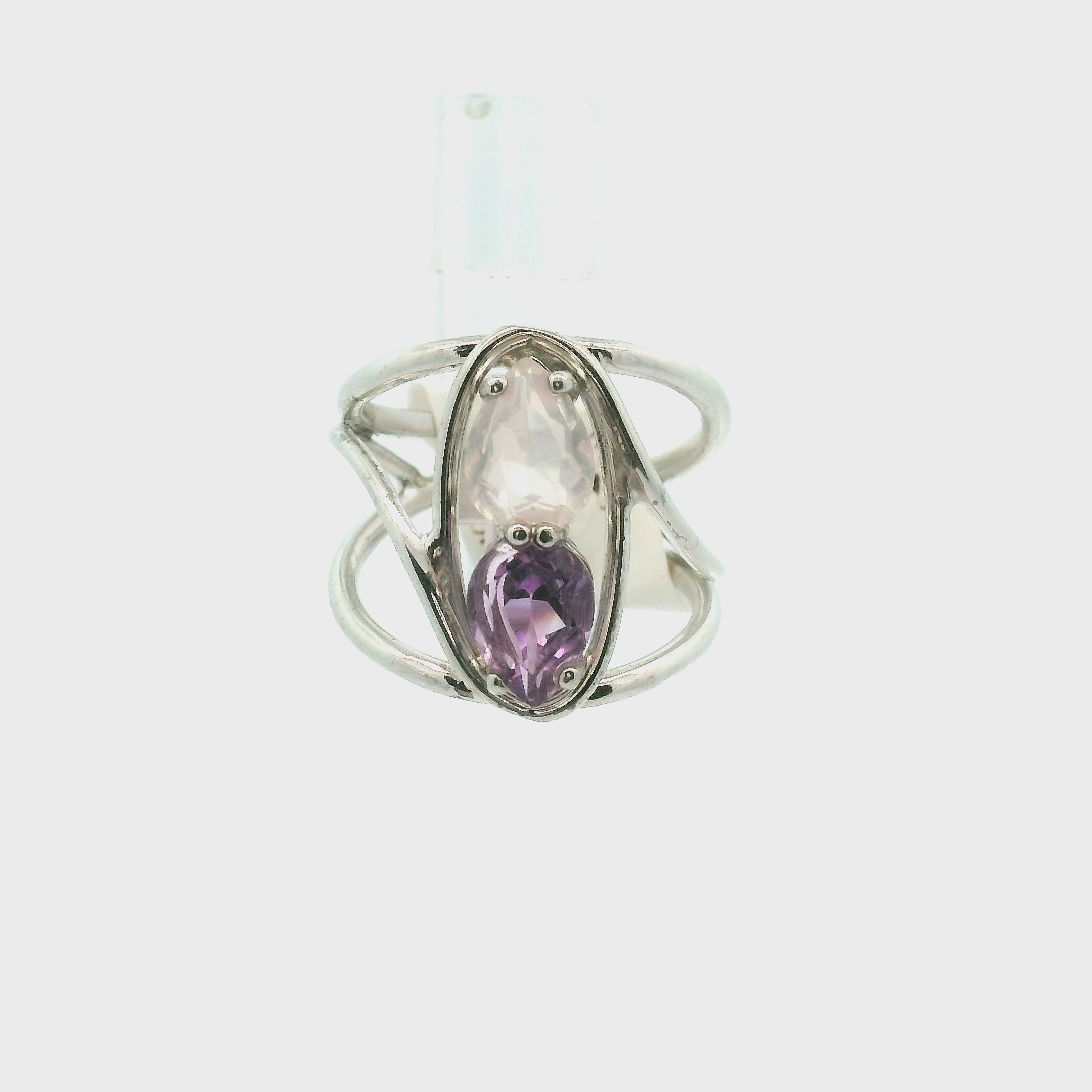 Rose Quartz and Amethyst Double Cuff Ring .925 Silver for Compassion and Self Love