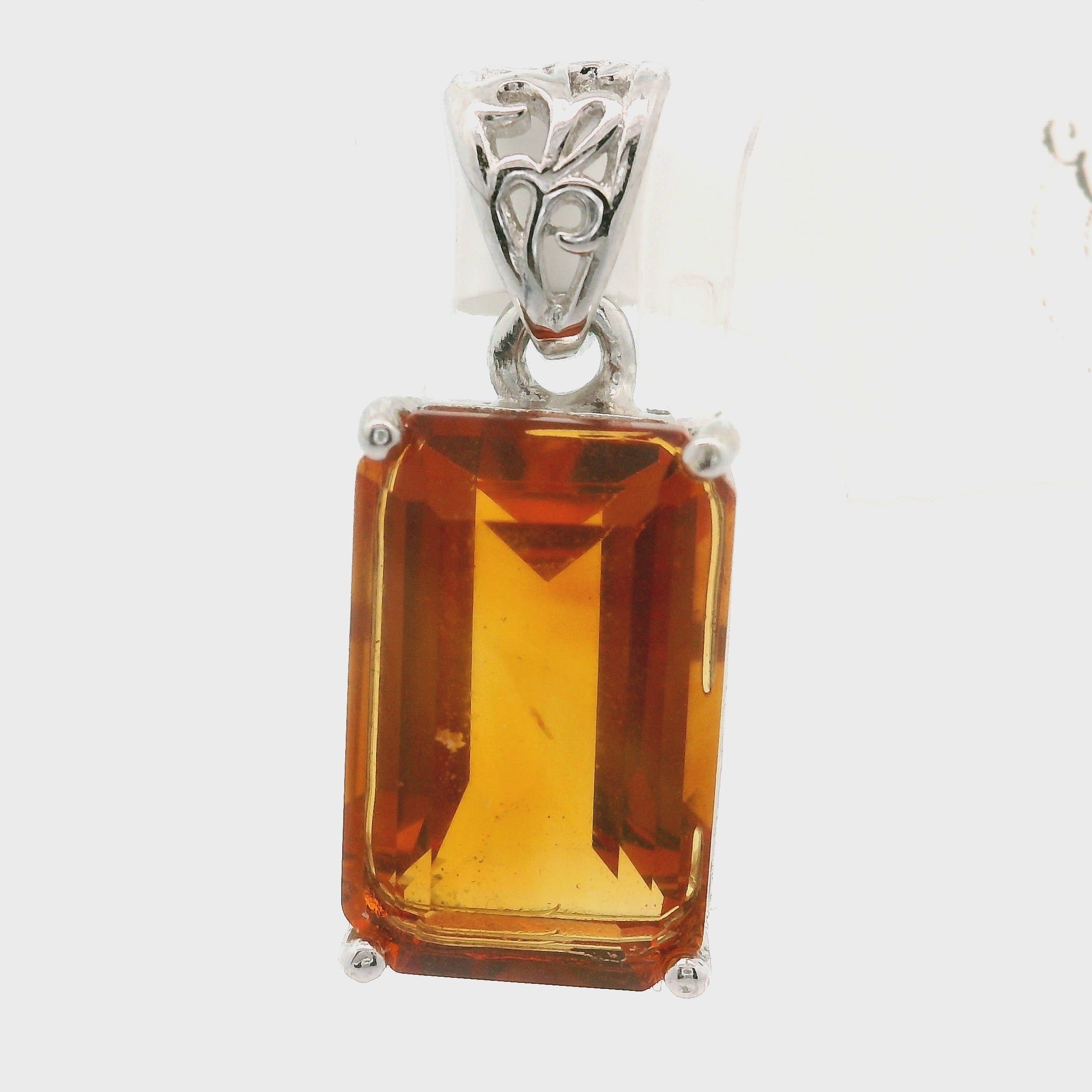 Citrine Emerald Cut Pendant .925 Silver for Abundance, Intuition, Luck and Protection