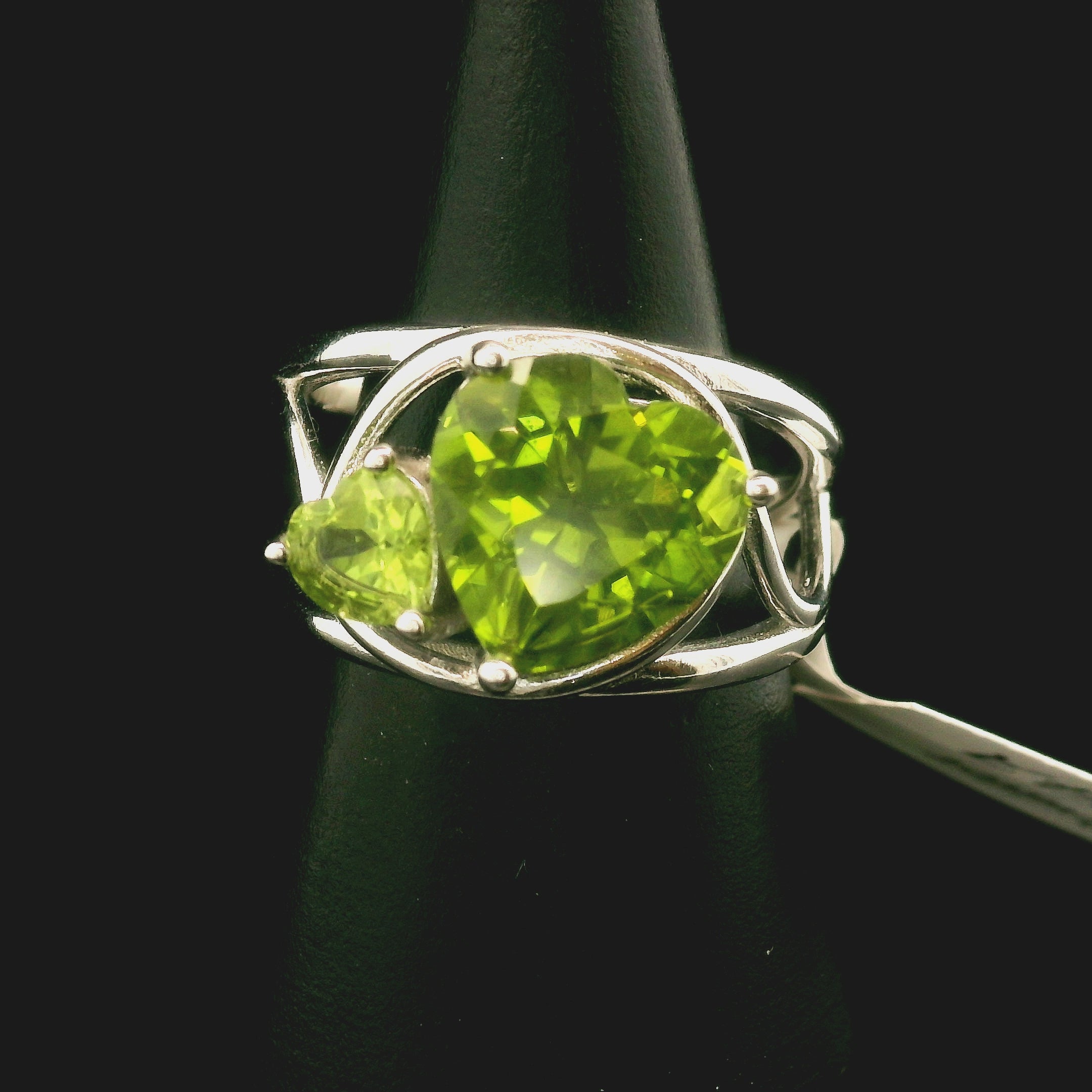 Double Peridot Heart Cuff Ring .925 Silver for Health and Strength