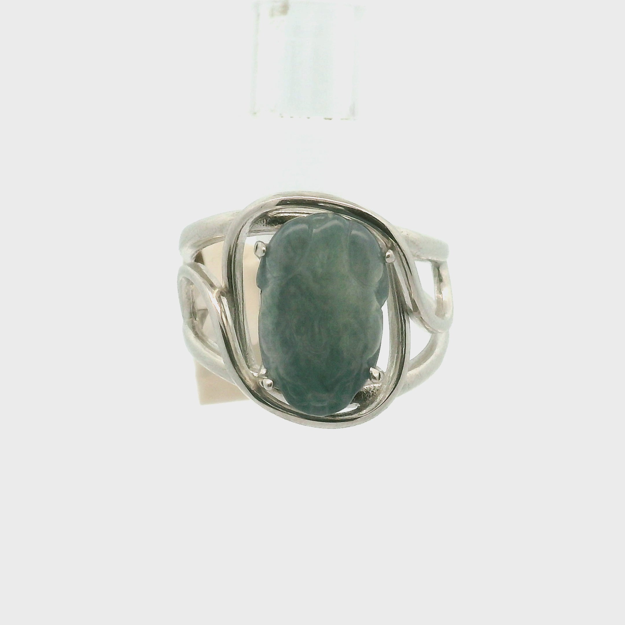 Blue Jadeite Pixiu Finger Cuff Adjustable Ring .925 Silver for Spiritual Awareness, Prosperity and Protection