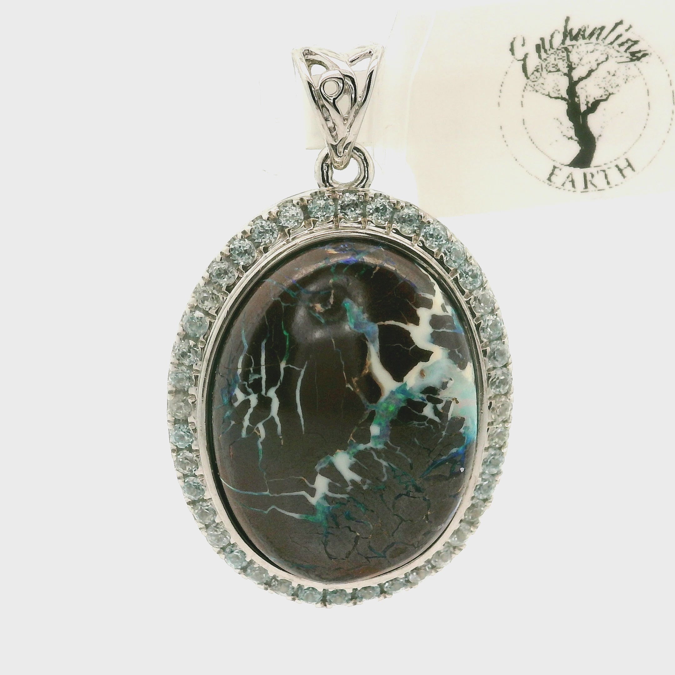 Boulder Opal with Blue Zircon Pavé Pendant .925 Sterling Silver for Emotional Support, Joy and Self Worth