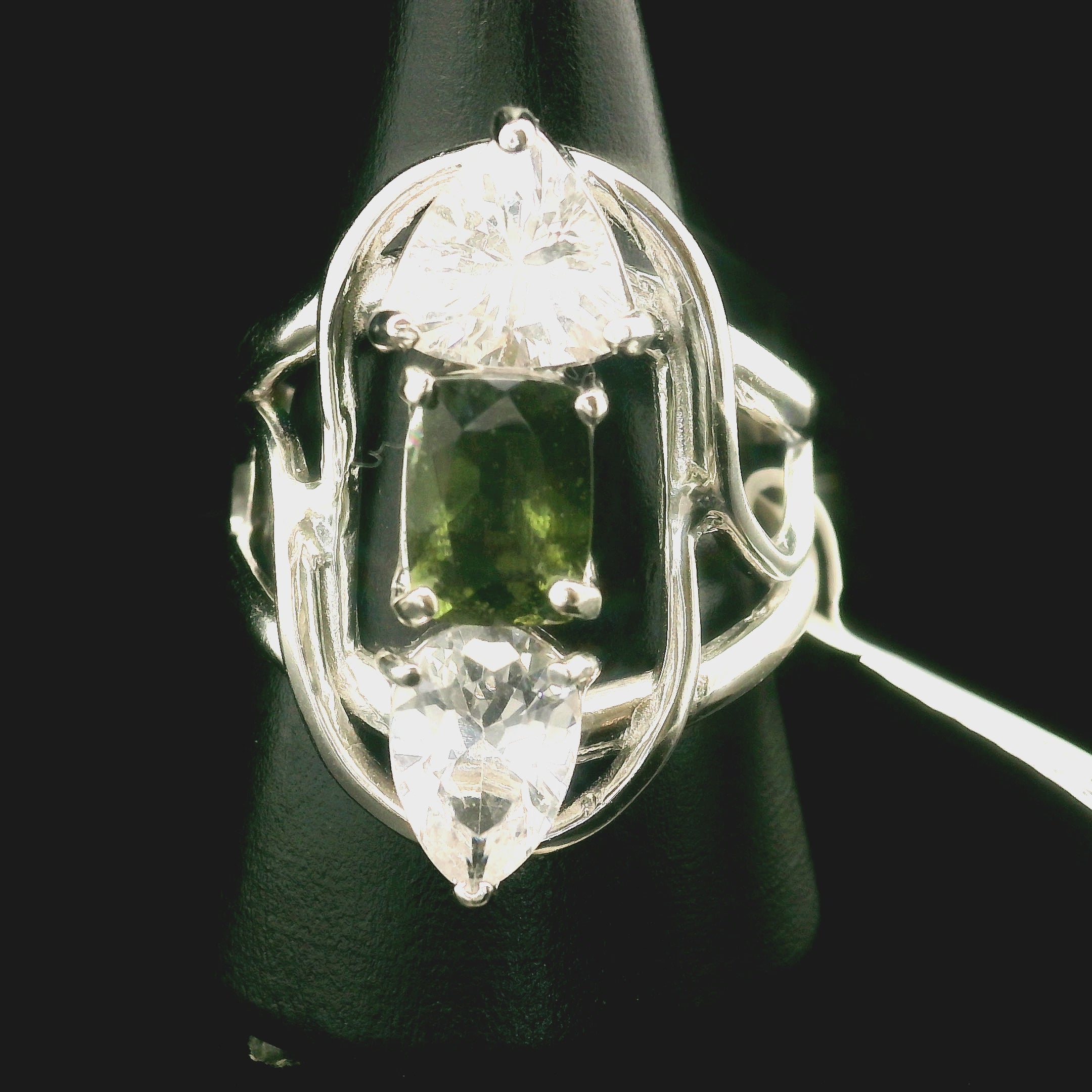Moldavite Cuff Ring With Danburite and Phenakite .925 Silver for Creating your Dream Life