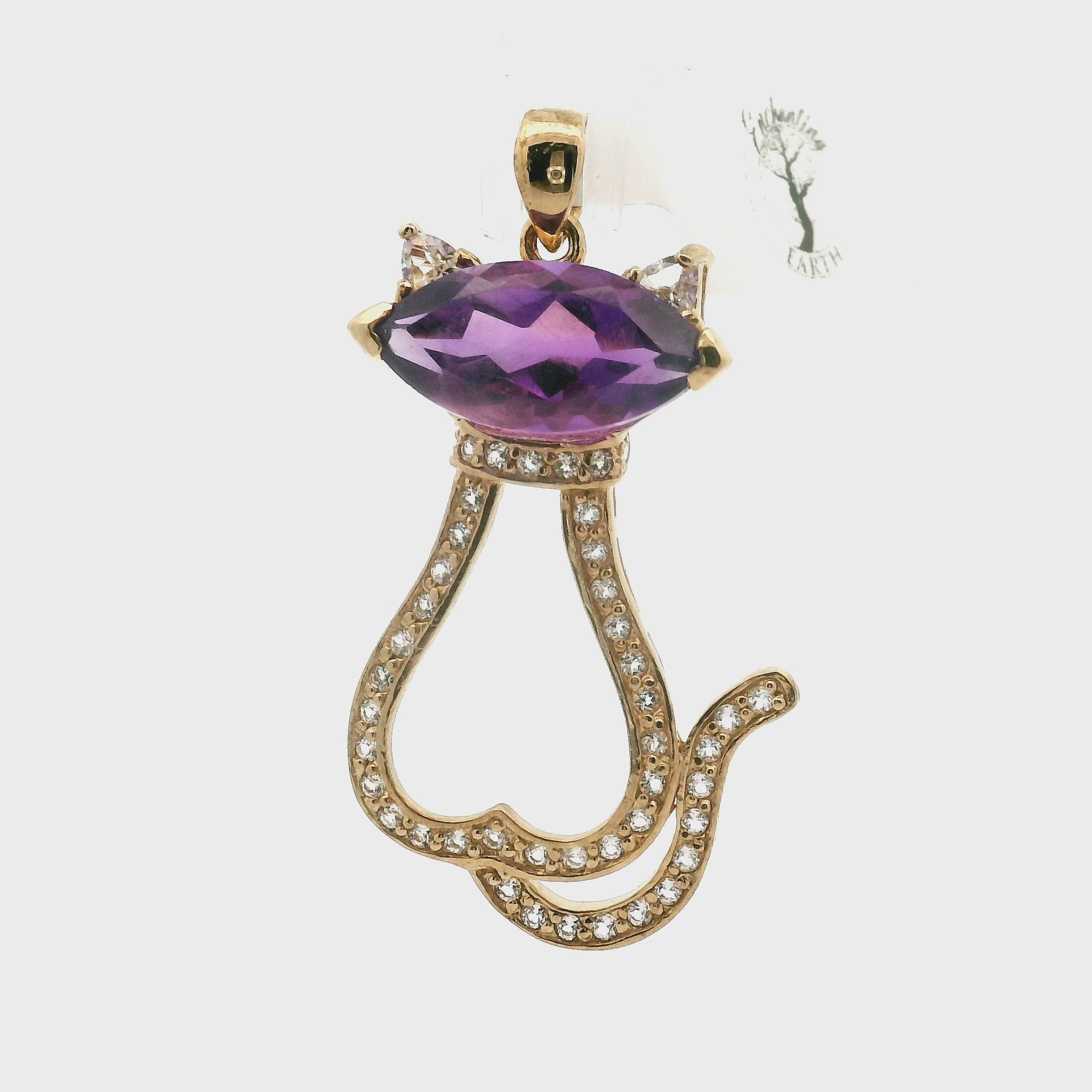 Amethyst with White Topaz Cat Pendant .925 Silver with Gold Plating for Higher Levels of Awareness, Peaceful Communication and Clarity