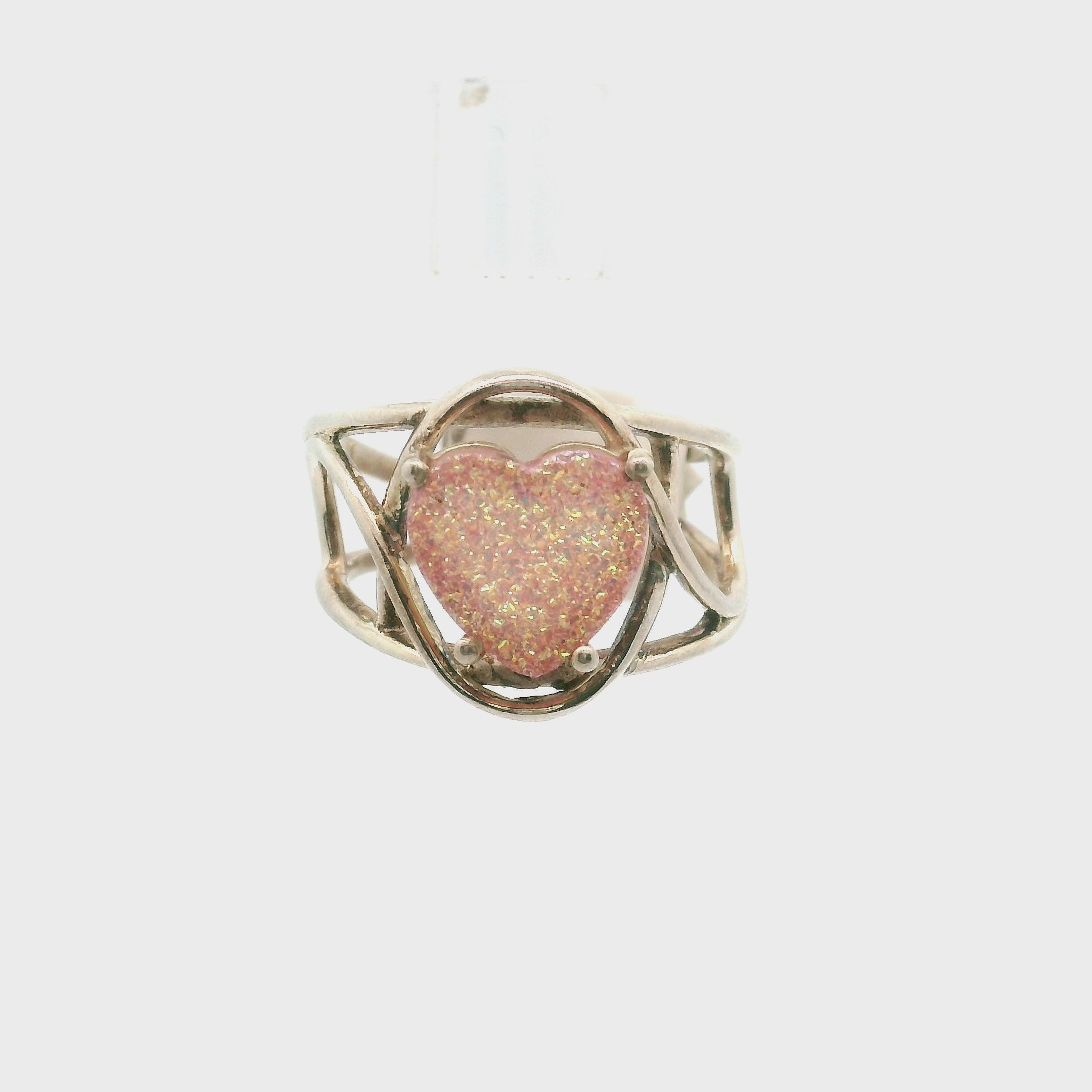 Pink Aura Druzy Quartz Heart Cuff Ring .925 Silver for Connection with Angels and Spirit Guides