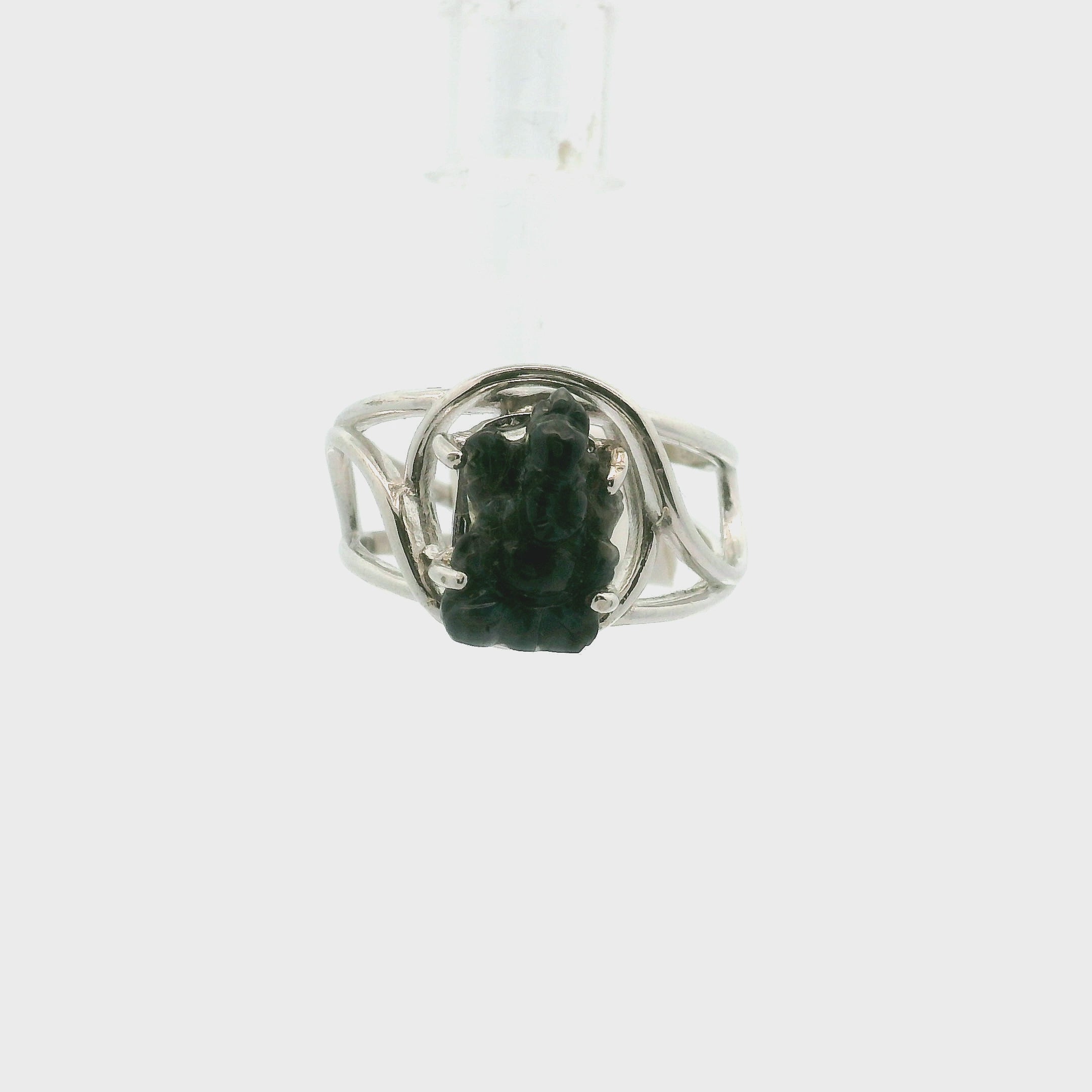 Spectrolite Carved Ganesha Cuff Ring .925 Silver for Magic and Removing Obstacles