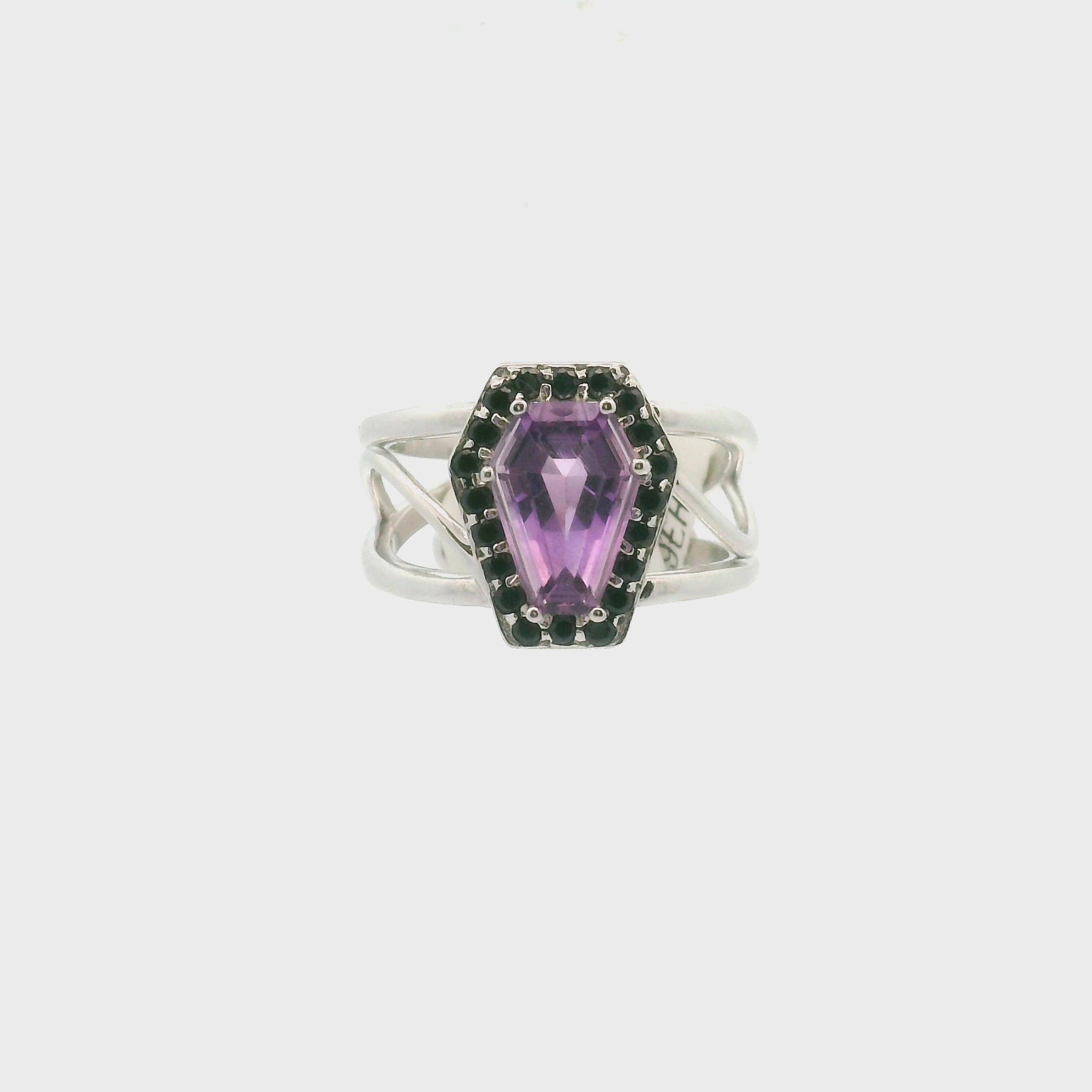 Amethyst with Black Spinel Pavé Coffin Cuff Ring .925 Silver for Intuition, Clarity and Spiritual Protection