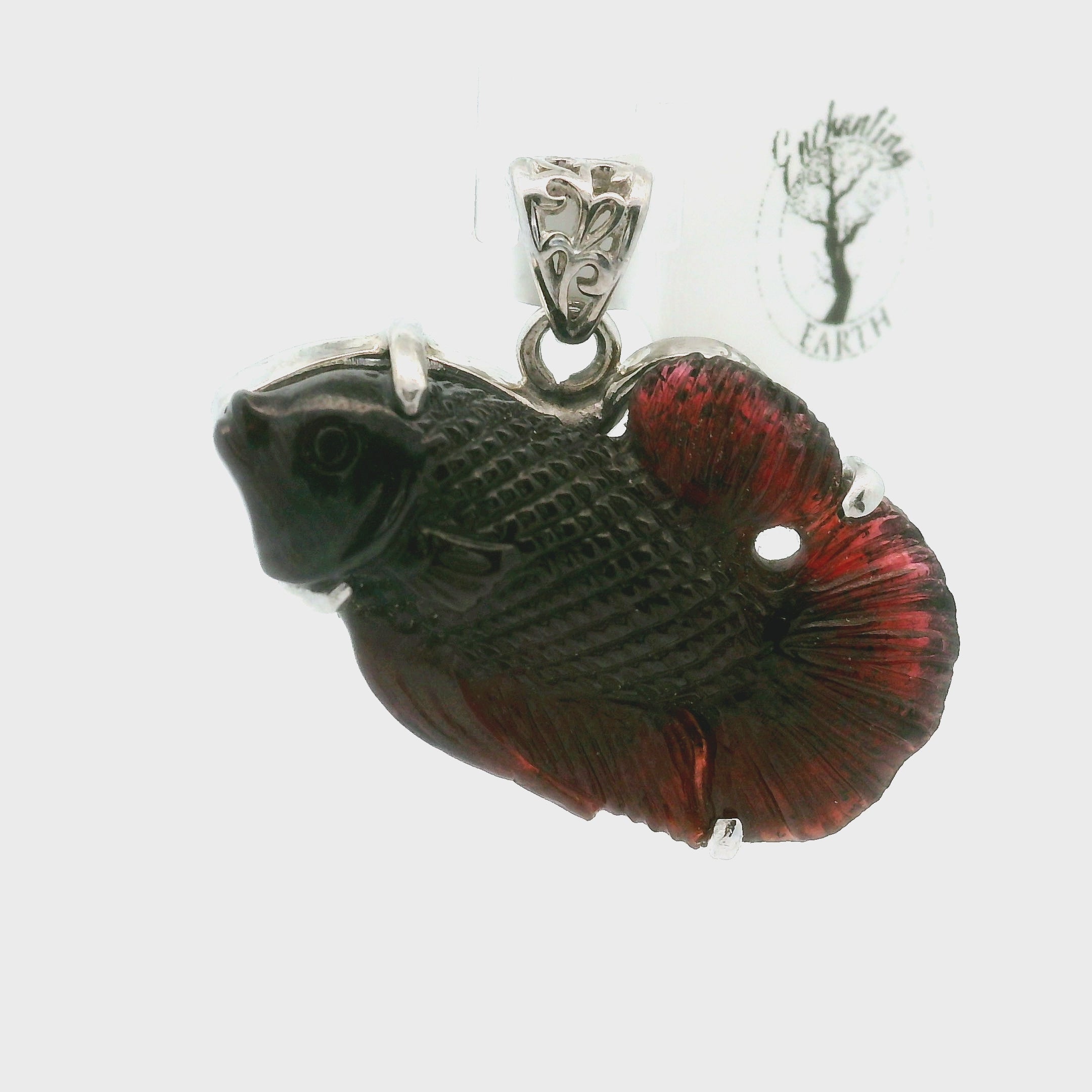 Garnet Carved Fish Pendant .925 Silver for Health, Grounding and Strength