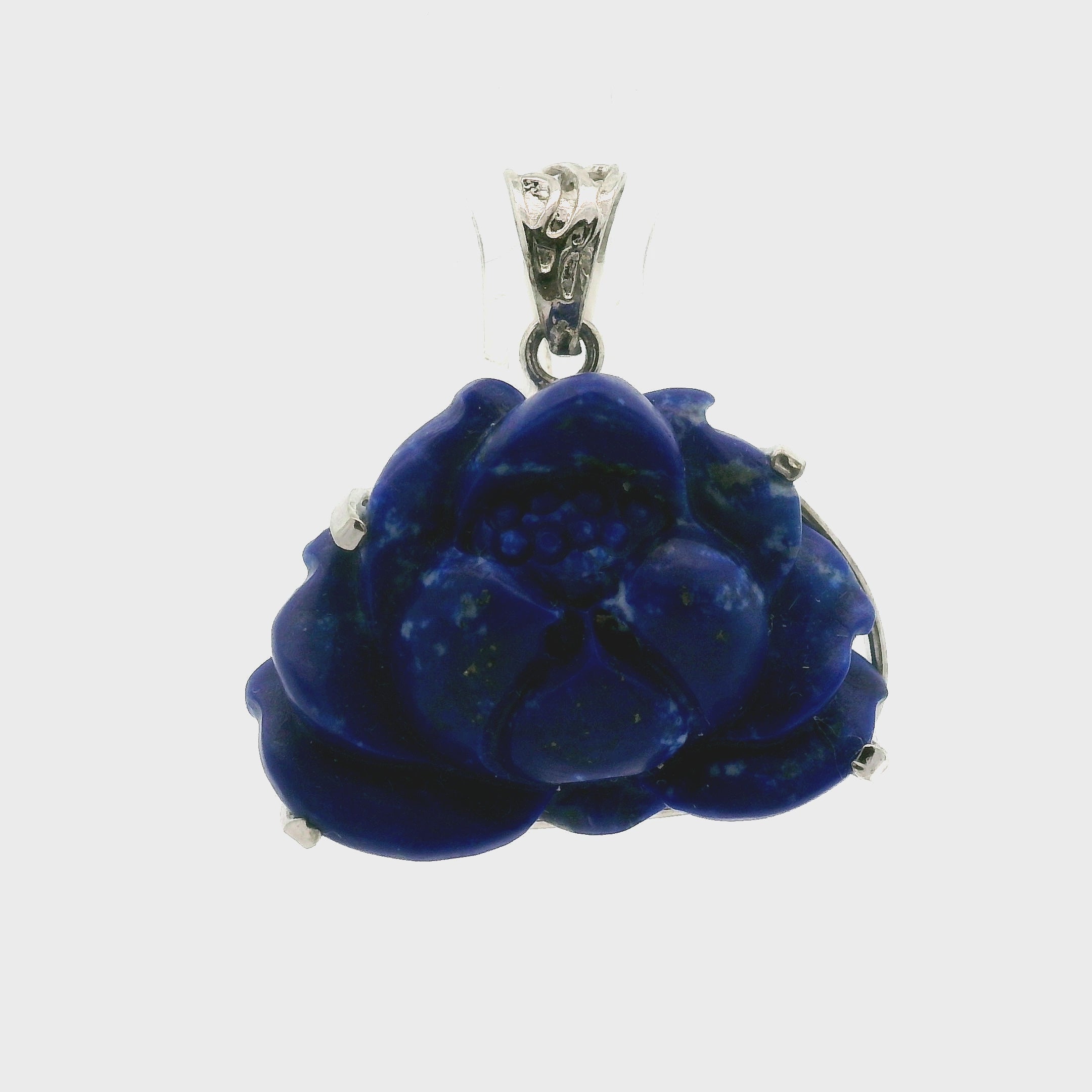 Lapis Lazuli Carved Lotus Pendant .925 Silver for Power & Confidence