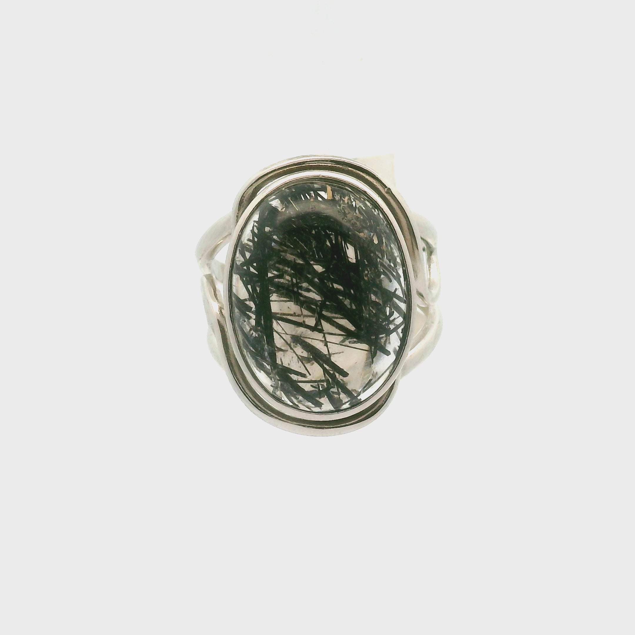 Black Tourmaline in Quartz Cuff Ring .925 Sterling Silver for Powerful Protection and Aura Cleansing