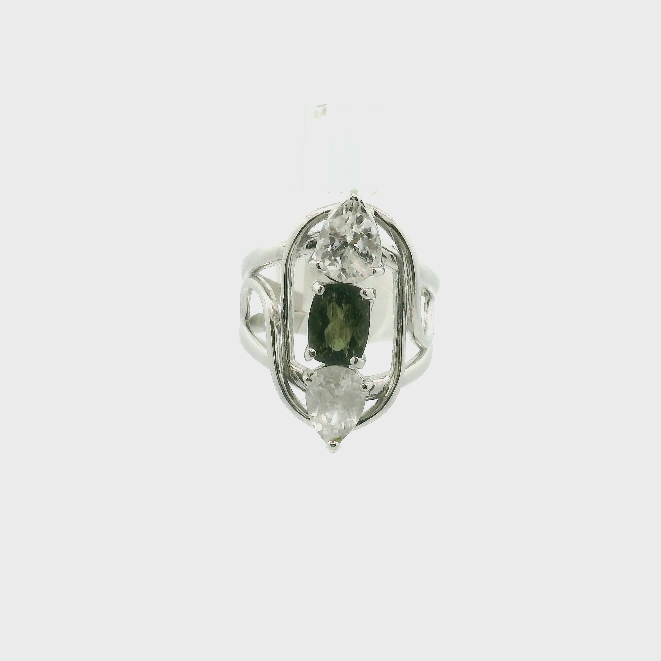 Moldavite, Danburite & Phenakite .925 Silver Adjustable Wand Cuff Ring for Spiritual Evolution and Deep Transformation