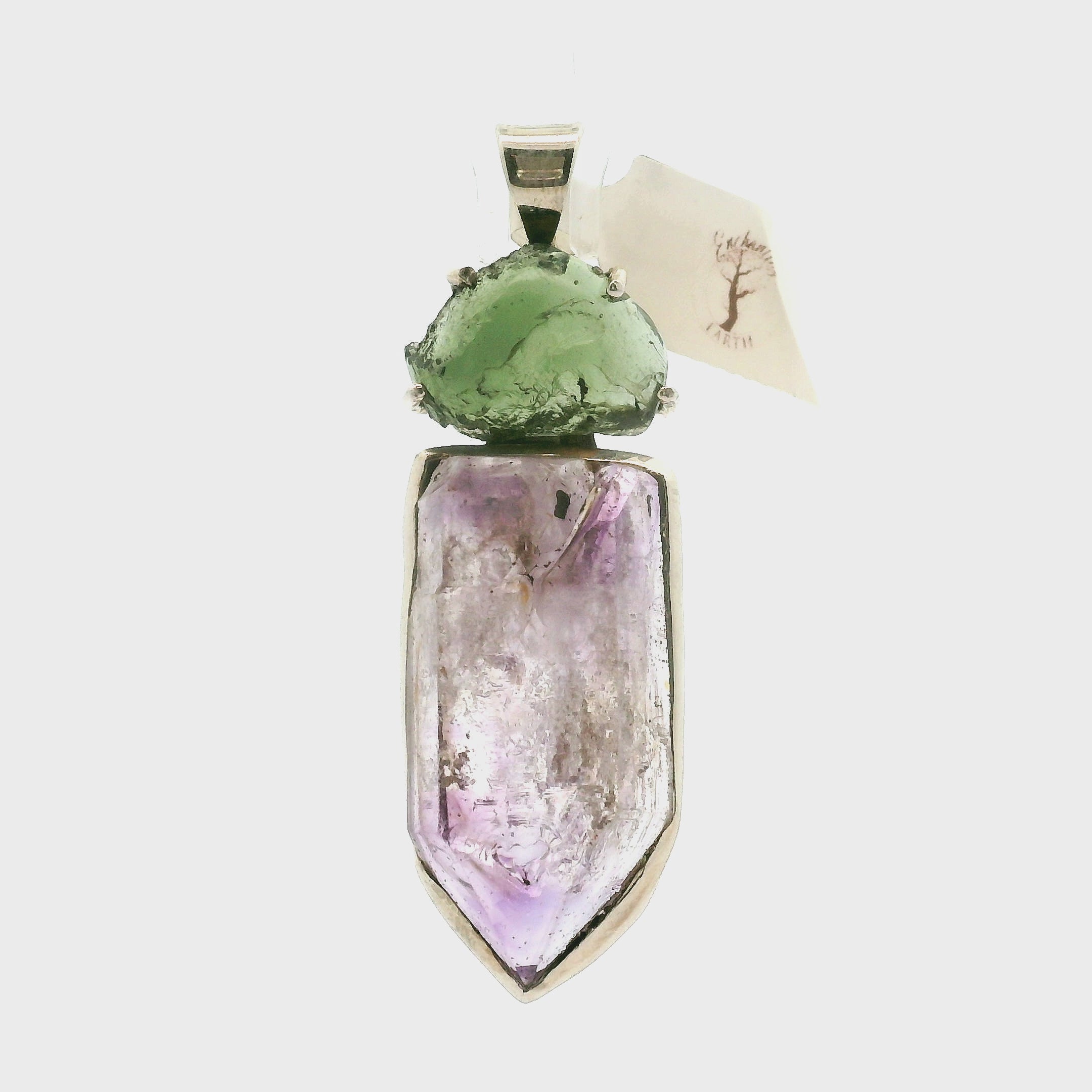 Amethyst with Moldavite Pendant .925 Silver for Intuition, Protection and Transformation