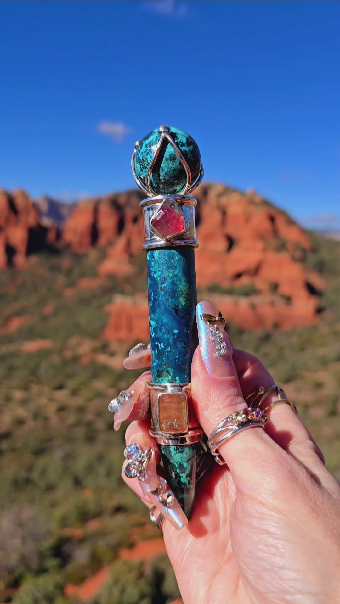 One of a Kind Collector Wand ~ Shattuckite with Watermelon Tourmaline Gemstones for Divine Insight, Truth and Love