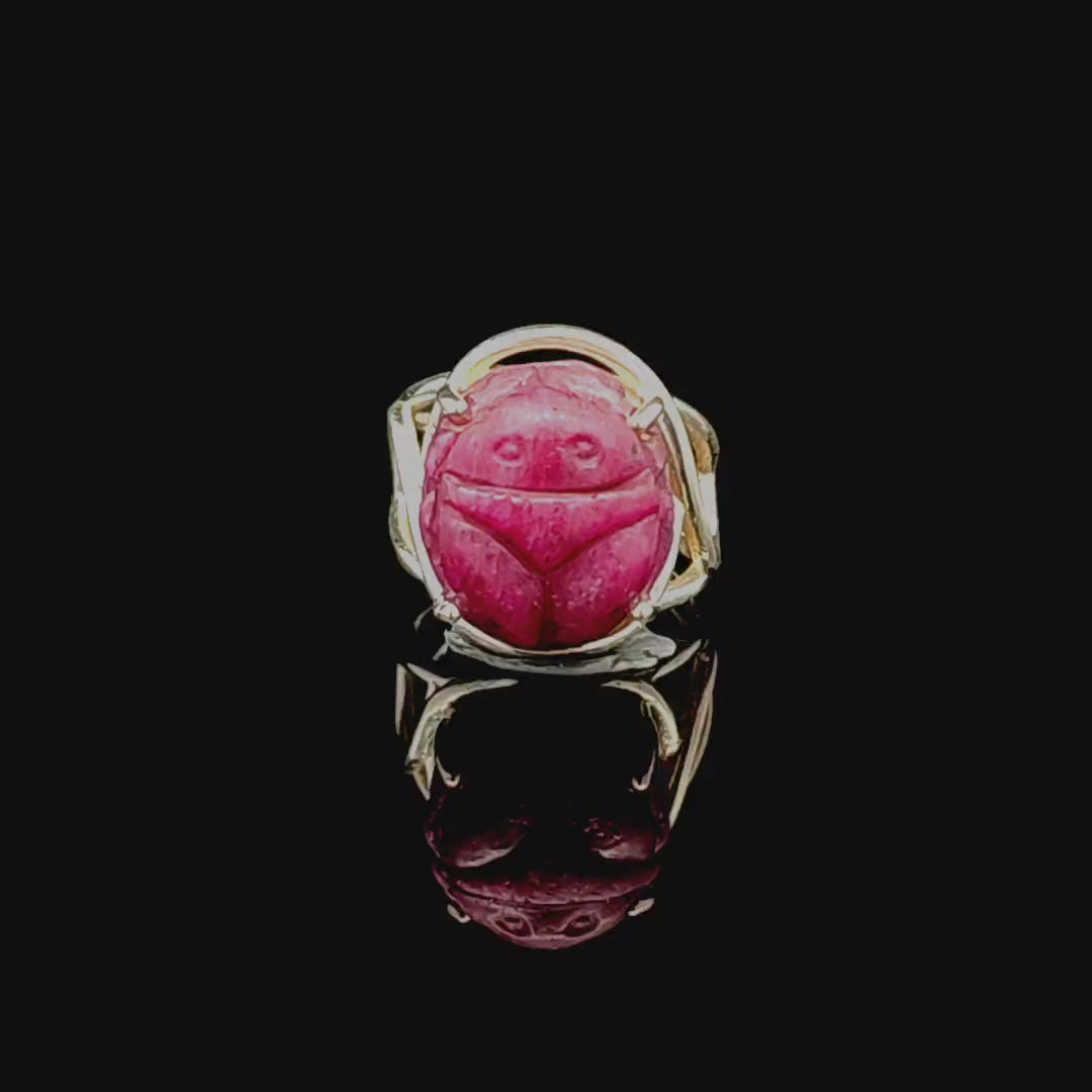 Ruby Scarab Finger Cuff Adjustable Ring .925 Sterling Silver for Passion, Personal Power and Energy